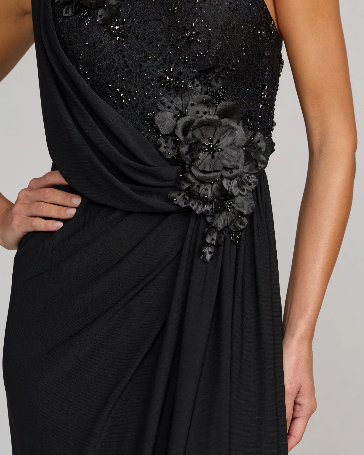 Black One Shoulder Draped Jersey Gown With 3D Flowers - Special Events Unlimited