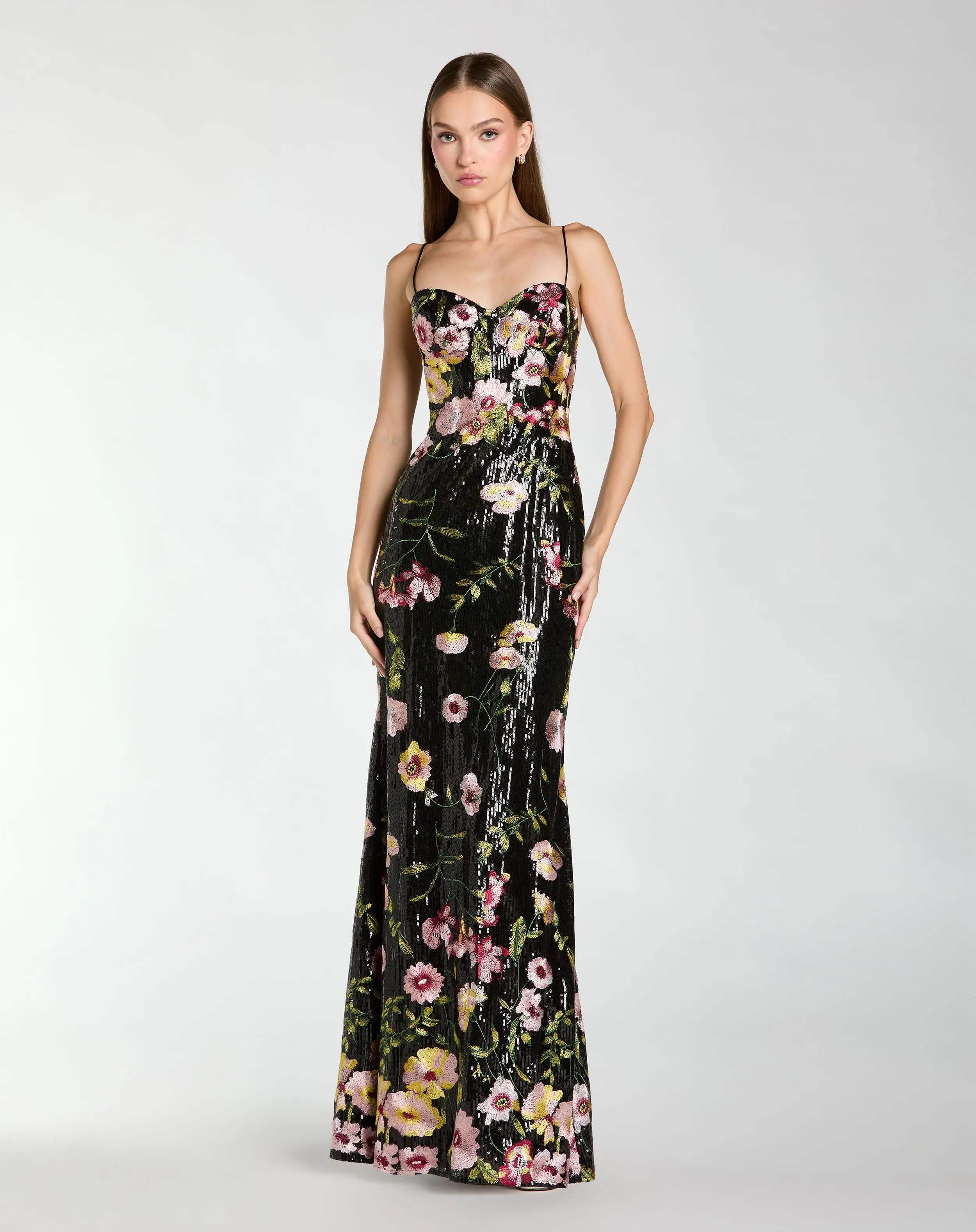 Black Sleeveless Bustier Floral Applique Gown - Special Events Unlimited