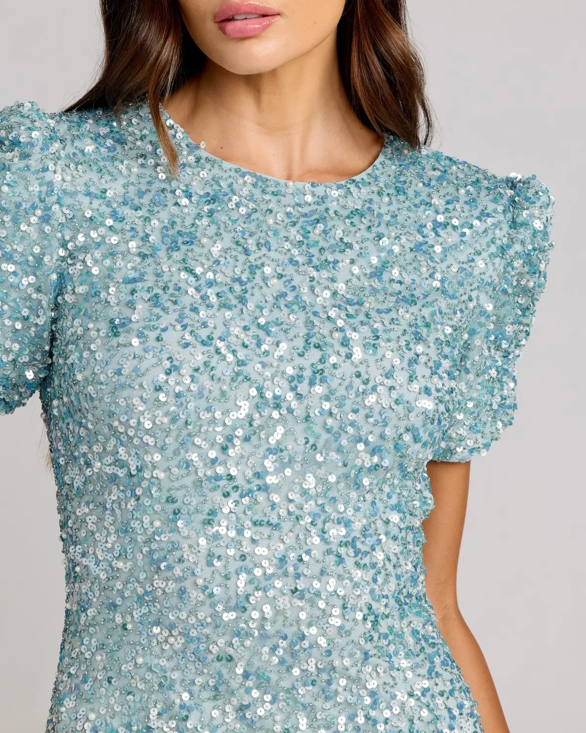 Blue Gathered Short Sleeve Embellished Gown - Special Events Unlimited