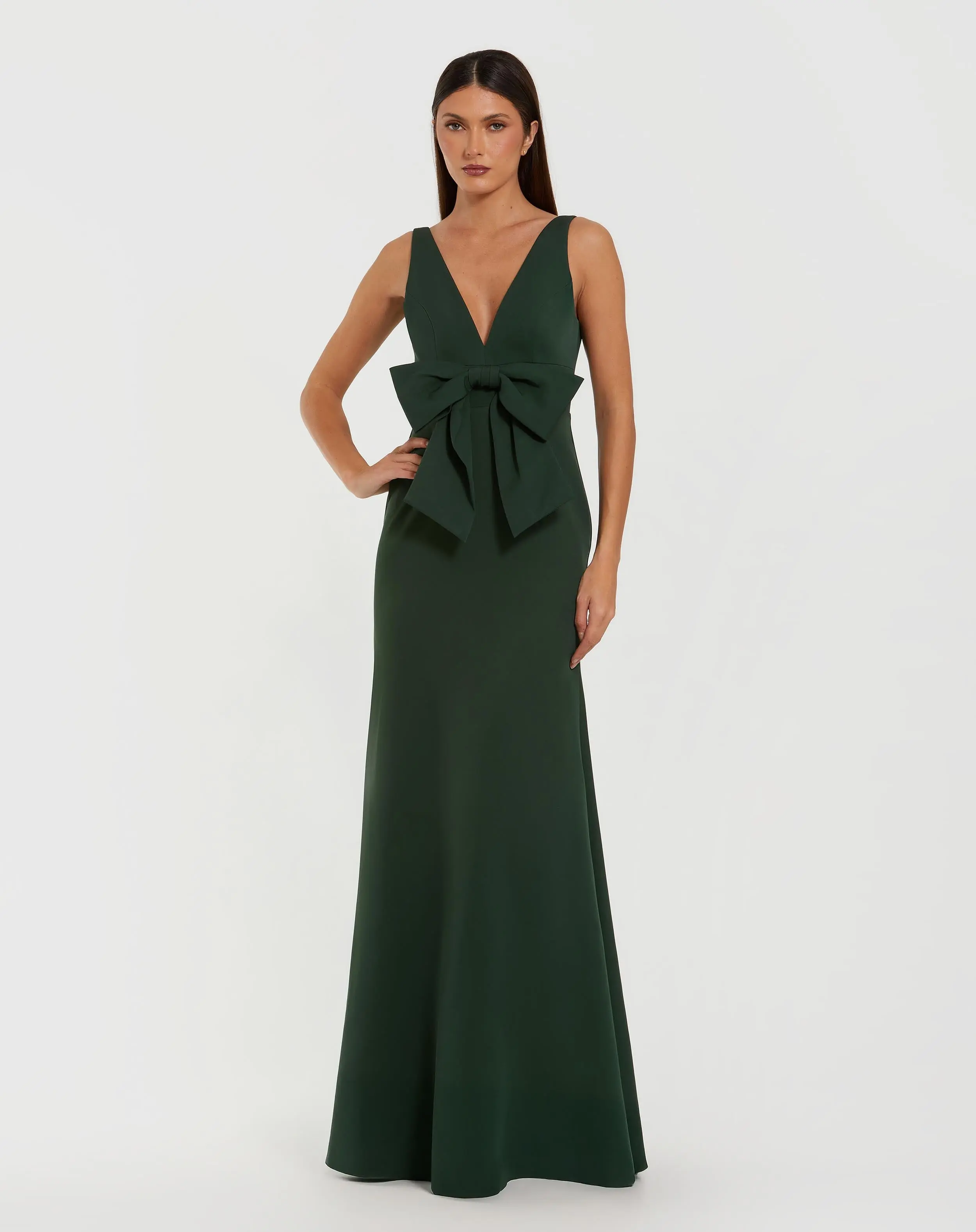 Green Crepe Sleeveless V-Neck Gown with Bow - Special Events Unlimited