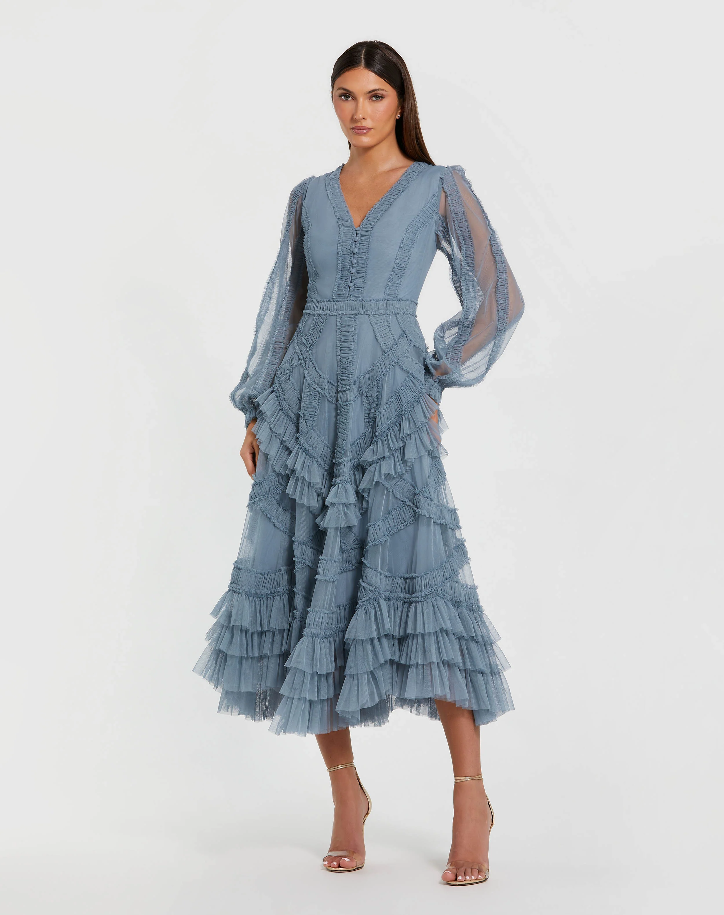 Petite Blue Long Sleeve V-Neck Micro Ruffle Midi Dress - Special Events Unlimited