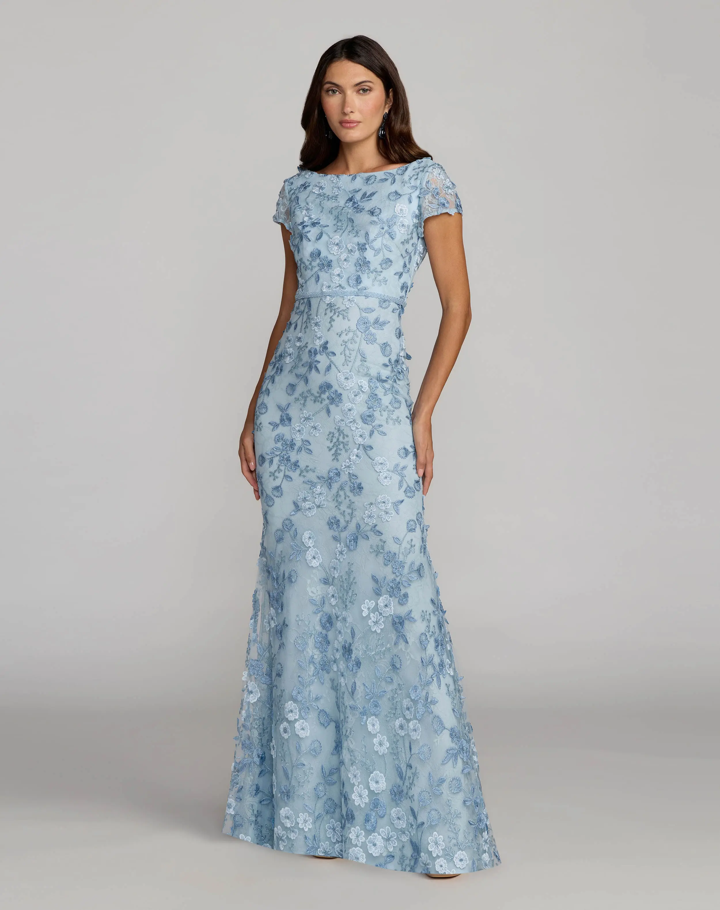 Blue Floral Applique Boat Neck Cap Sleeve Gown - Special Events Unlimited