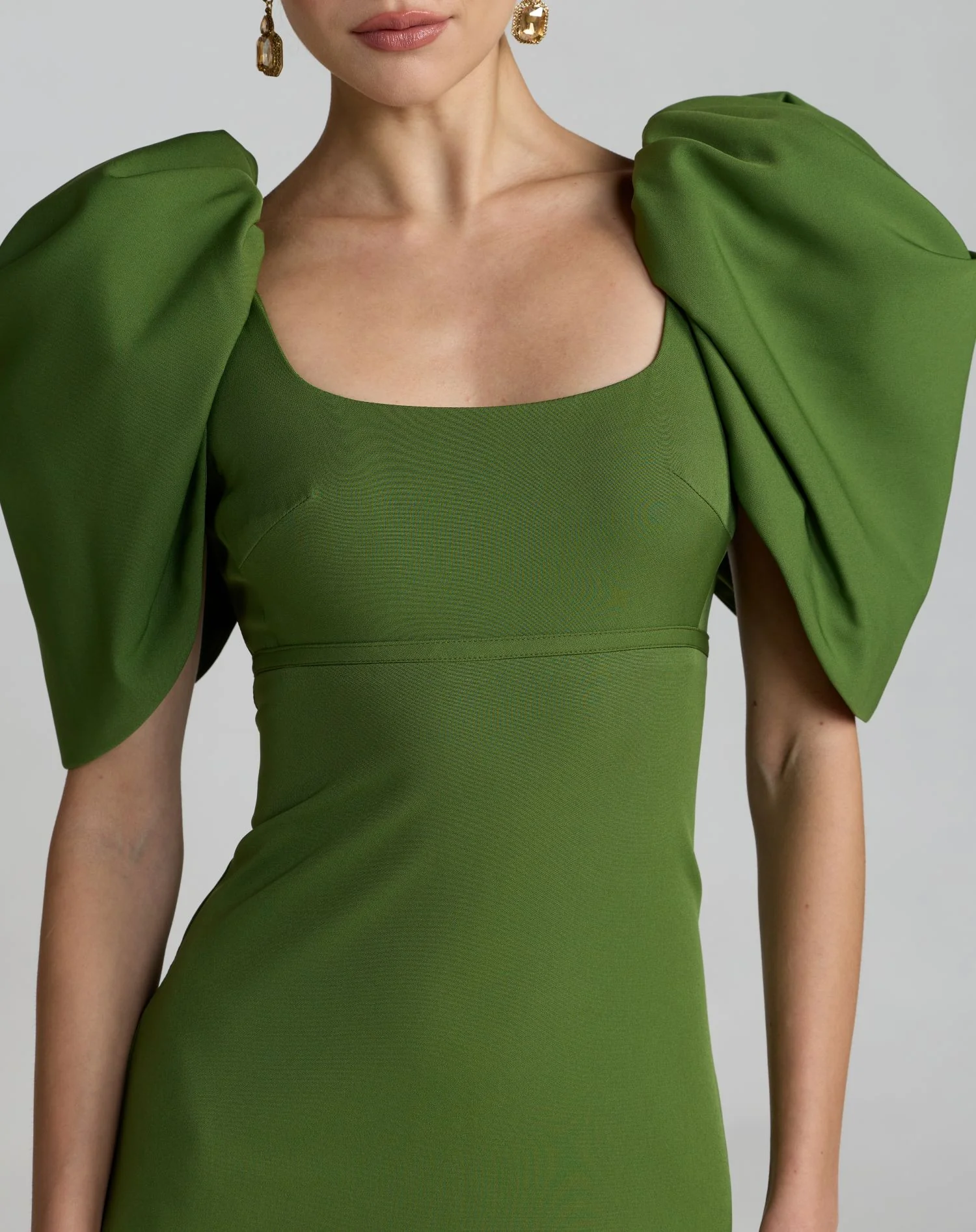 Green Crepe Square Neck Gown With Puff Sleeves - Special Events Unlimited