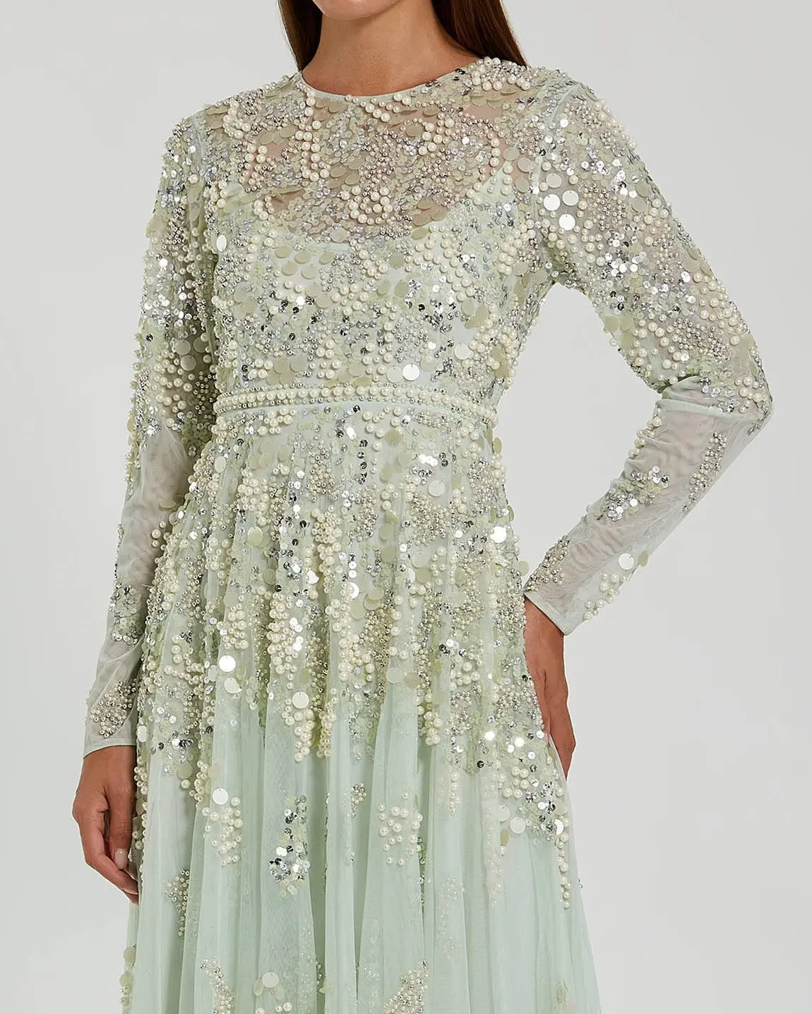 Green Pearl Embellished Long Sleeve Gown - Special Events Unlimited