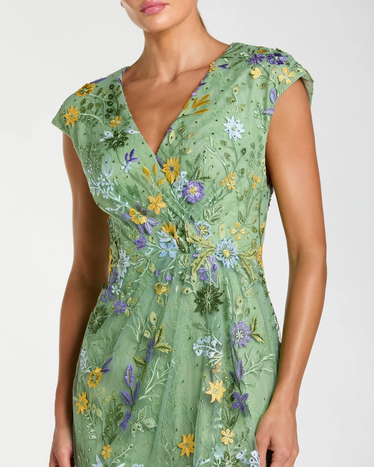 Green Faux Wrap Embroidered Cap Sleeve Gown - Special Events Unlimited