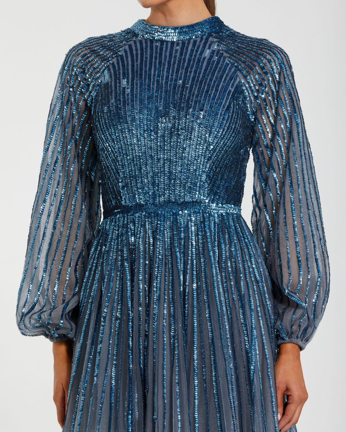 Blue Ombré Sequin Long Sleeve A-Line Evening Dress - Special Events Unlimited