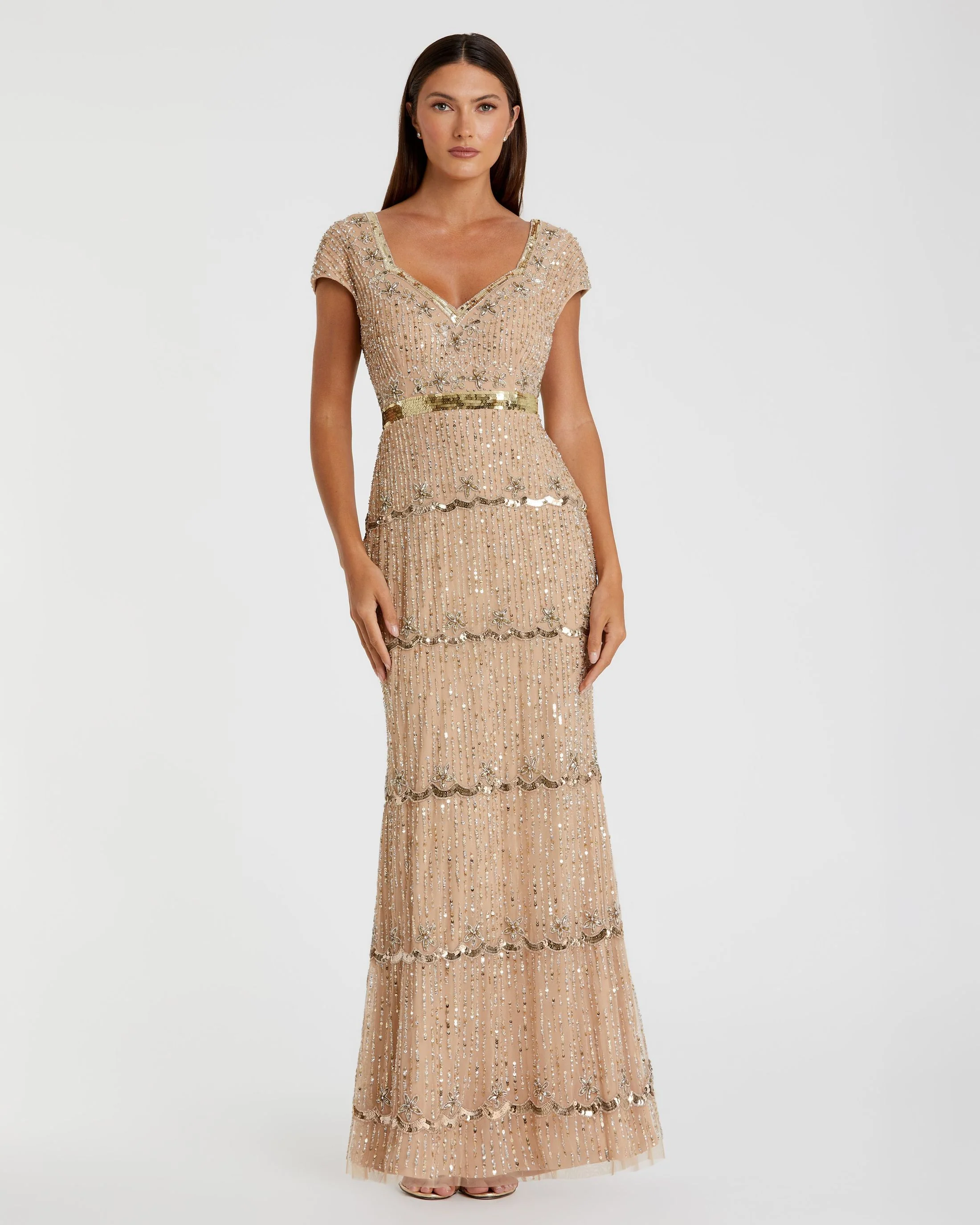 Petite Gold Sequin Cap Sleeve Sweetheart Column Gown - Special Events Unlimited