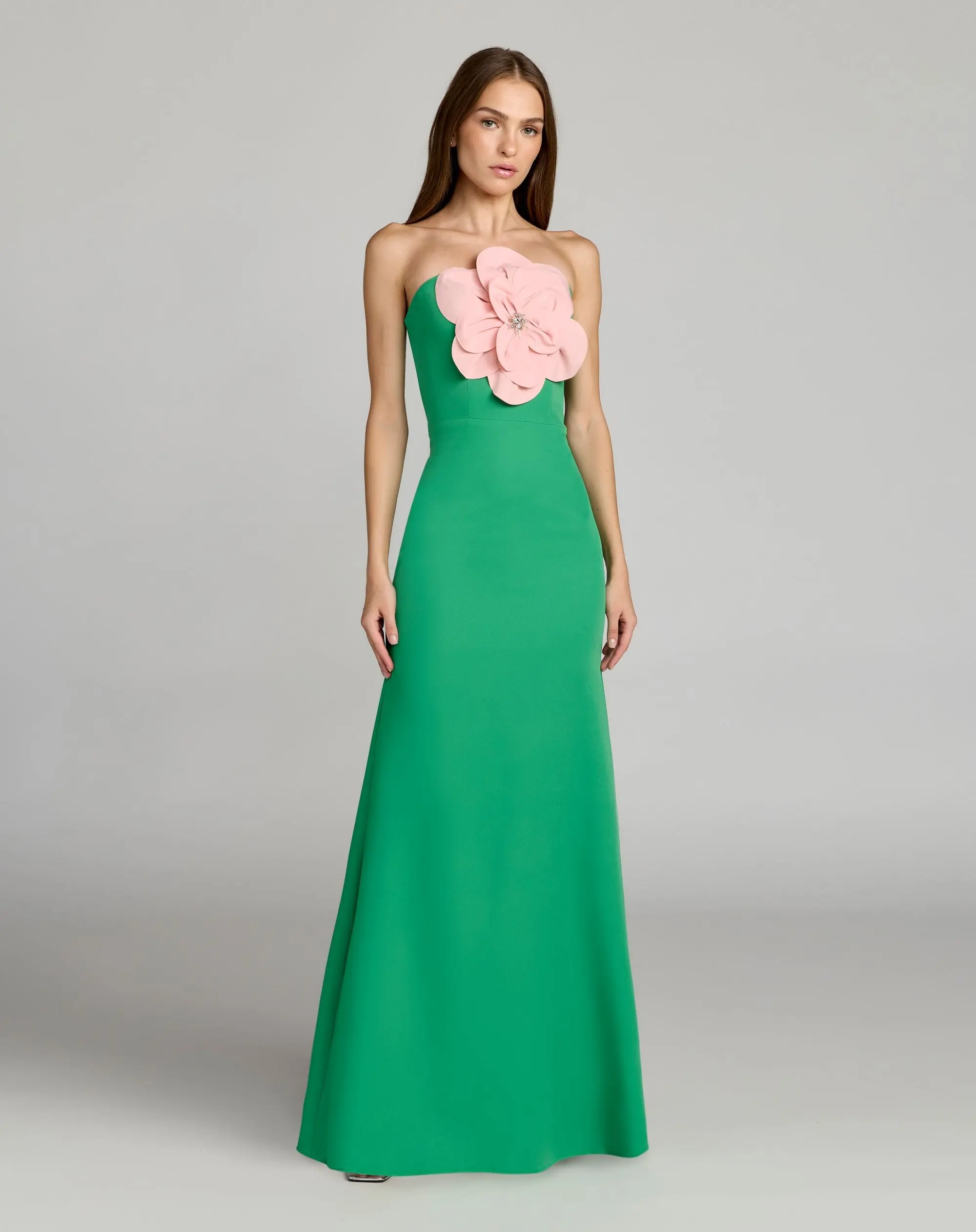 Green Strapless Crepe Gown With 3D Flower - Special Events Unlimited