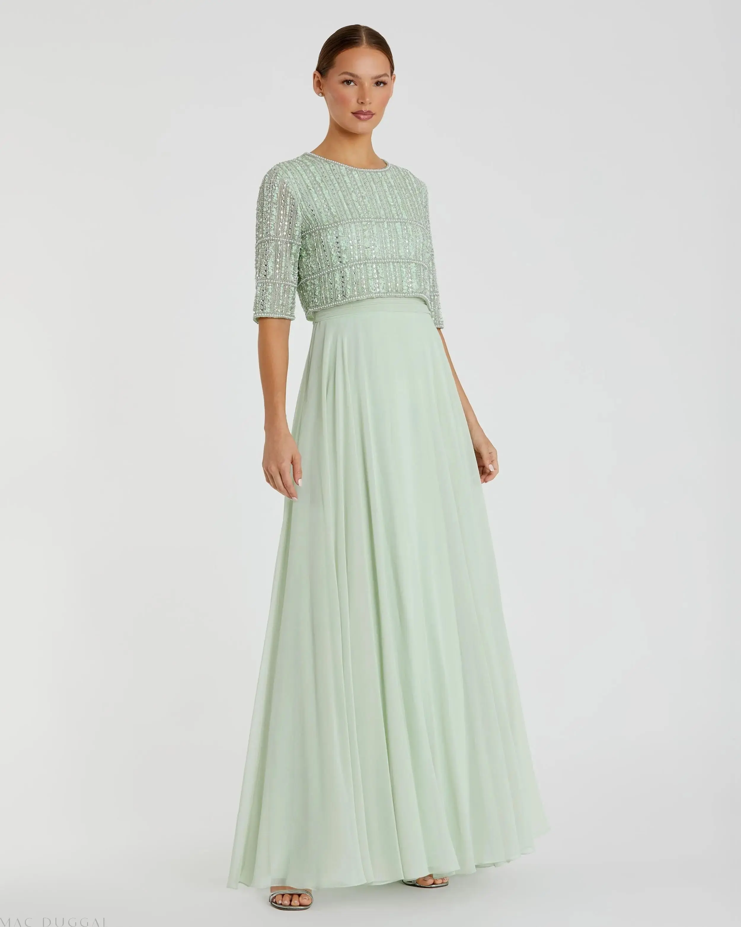 Green Chiffon Gown w/ Fully Beaded 3/4 Sleeve Top - Special Events Unlimited