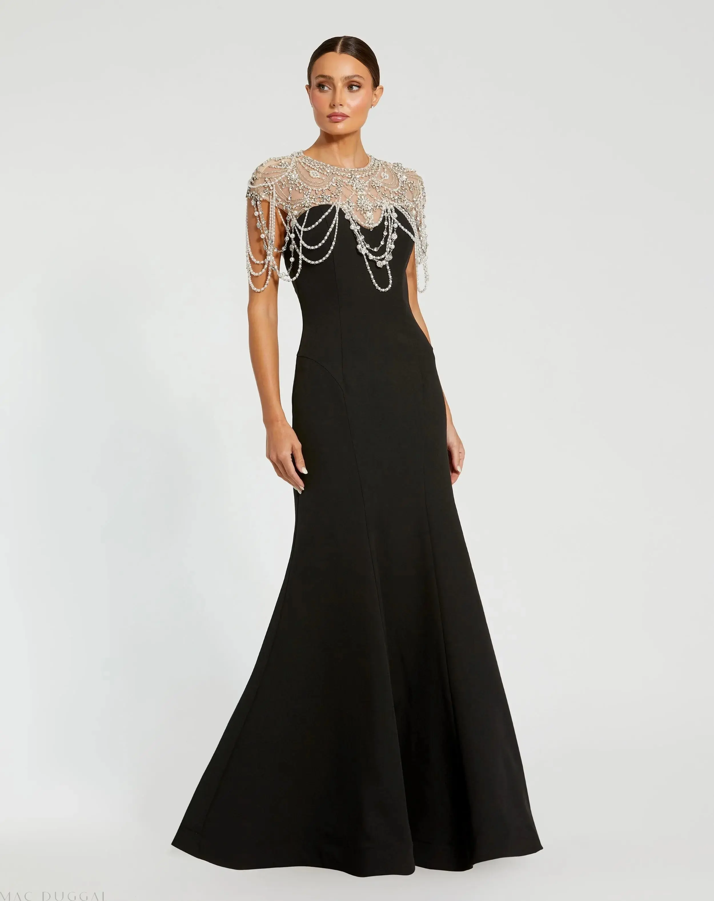 Black Draped Pearl Beaded Mermaid Gown - Special Events Unlimited