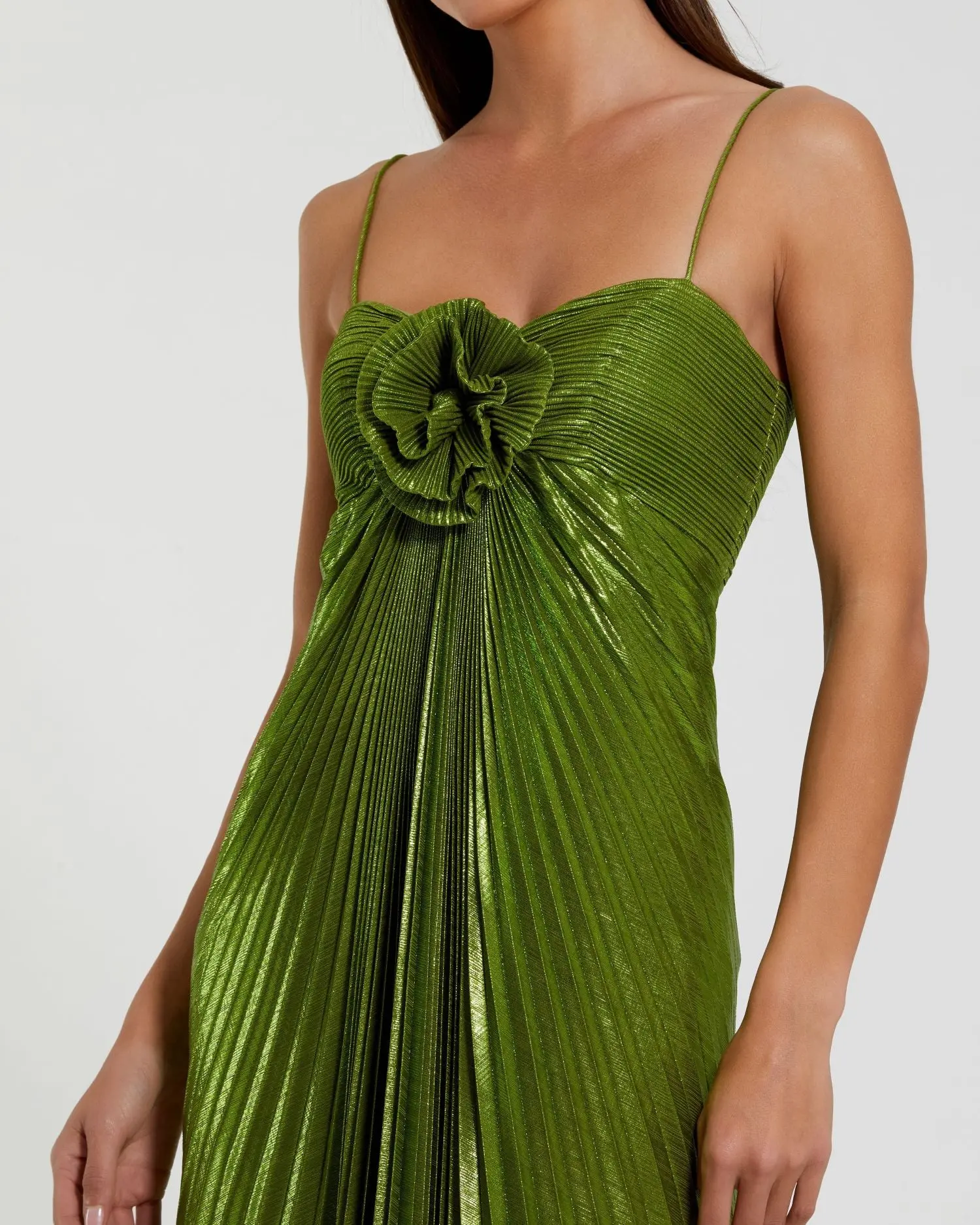 Green Metallic Pleated Gown With 3D Flower - Special Events Unlimited