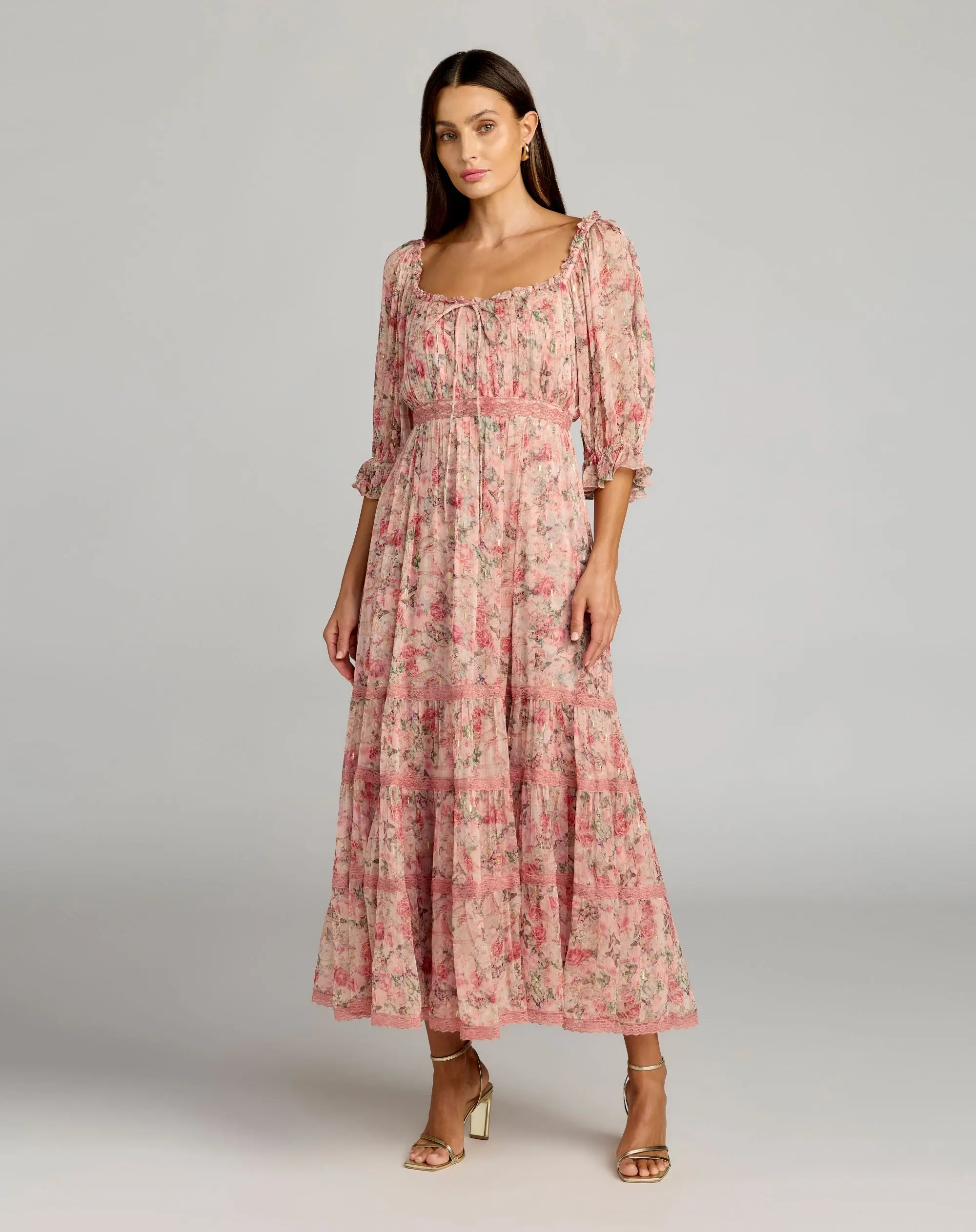 Pink Floral Scoop Neck Midi Dress With 3/4 Sleeves - Special Events Unlimited