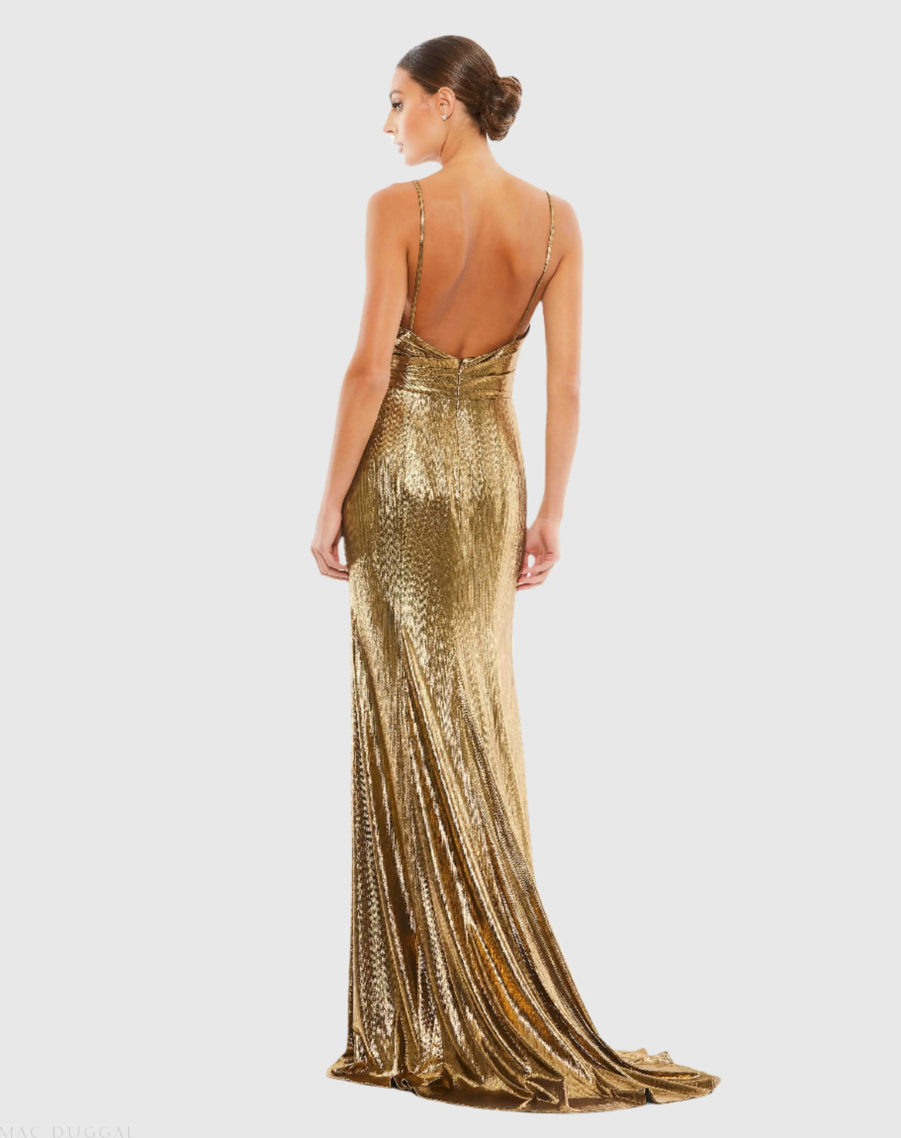 Gold Metallic Faux Wrap Spaghetti Strap Gown - Special Events Unlimited
