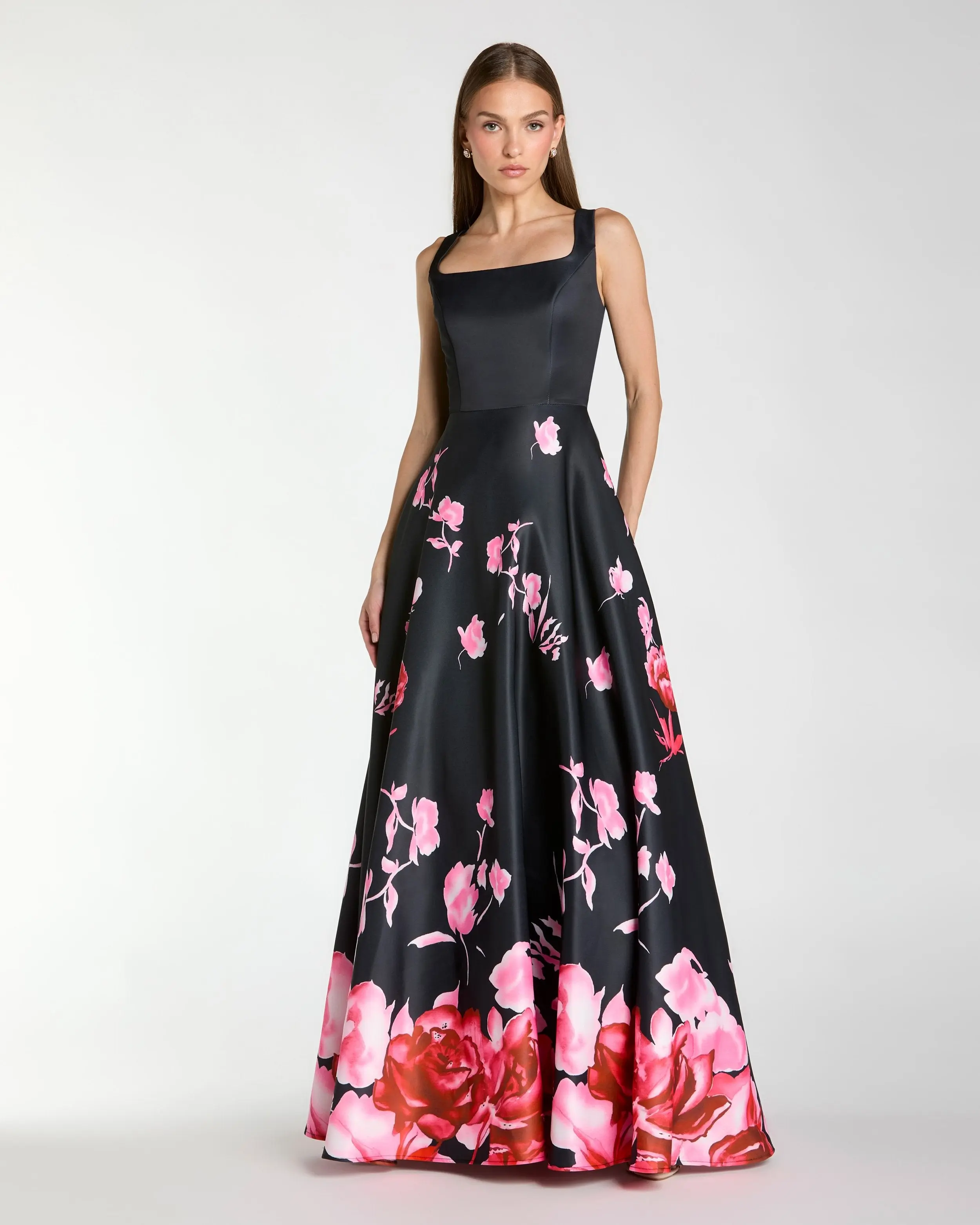 Black Square Neck Floral Print Ball Gown - Special Events Unlimited