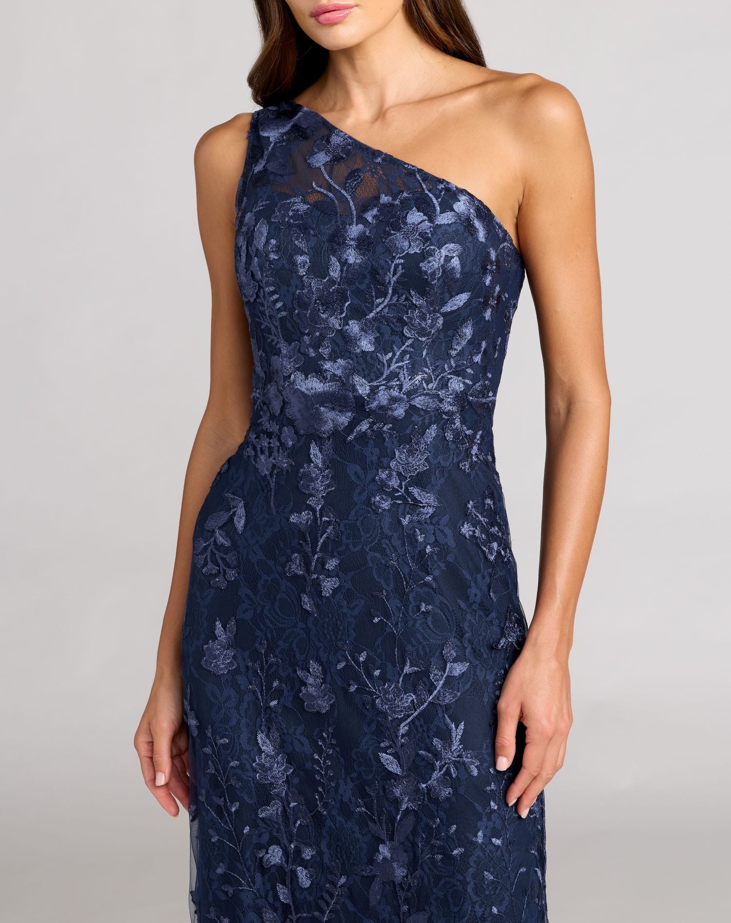 Petite Navy One Shoulder Floral Embroidered Gown - Special Events Unlimited