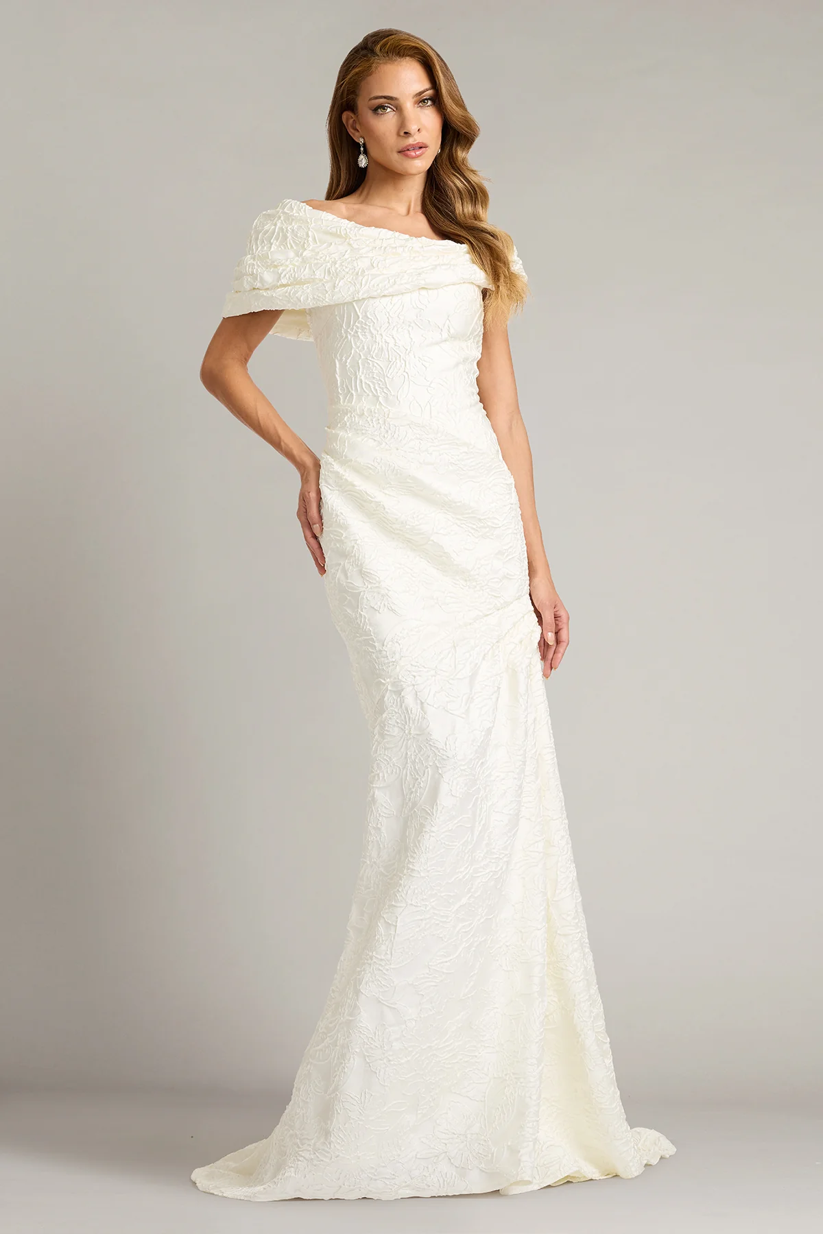 Mita Draped Floral Jacquard Gown - Special Events Unlimited