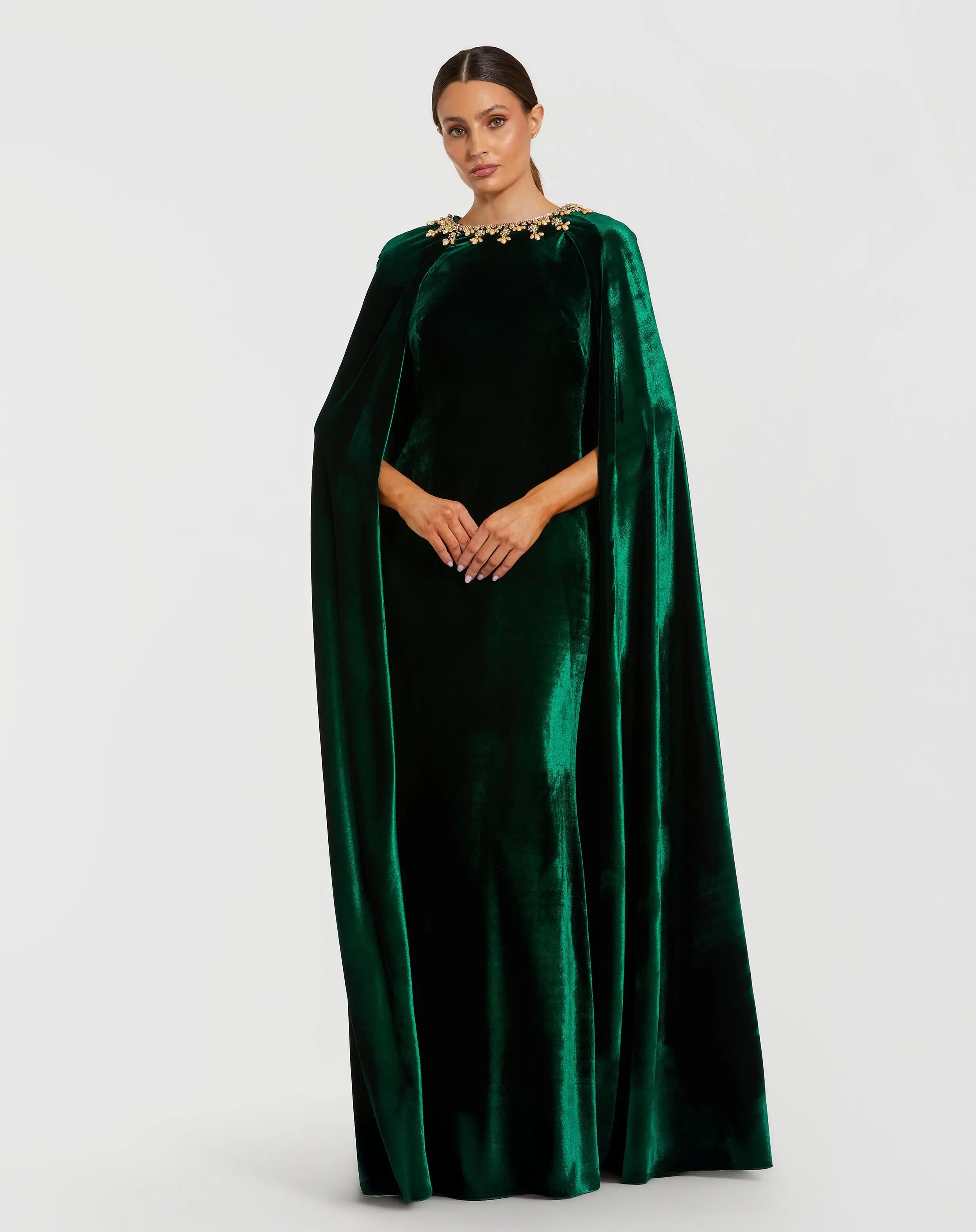 Dark Green Velvet Cape Gown With Embellished Neckline - Special Events Unlimited