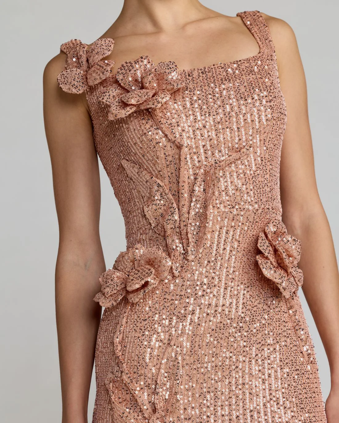 Light Pink Sequin Column Gown With 3D Flowers - Special Events Unlimited