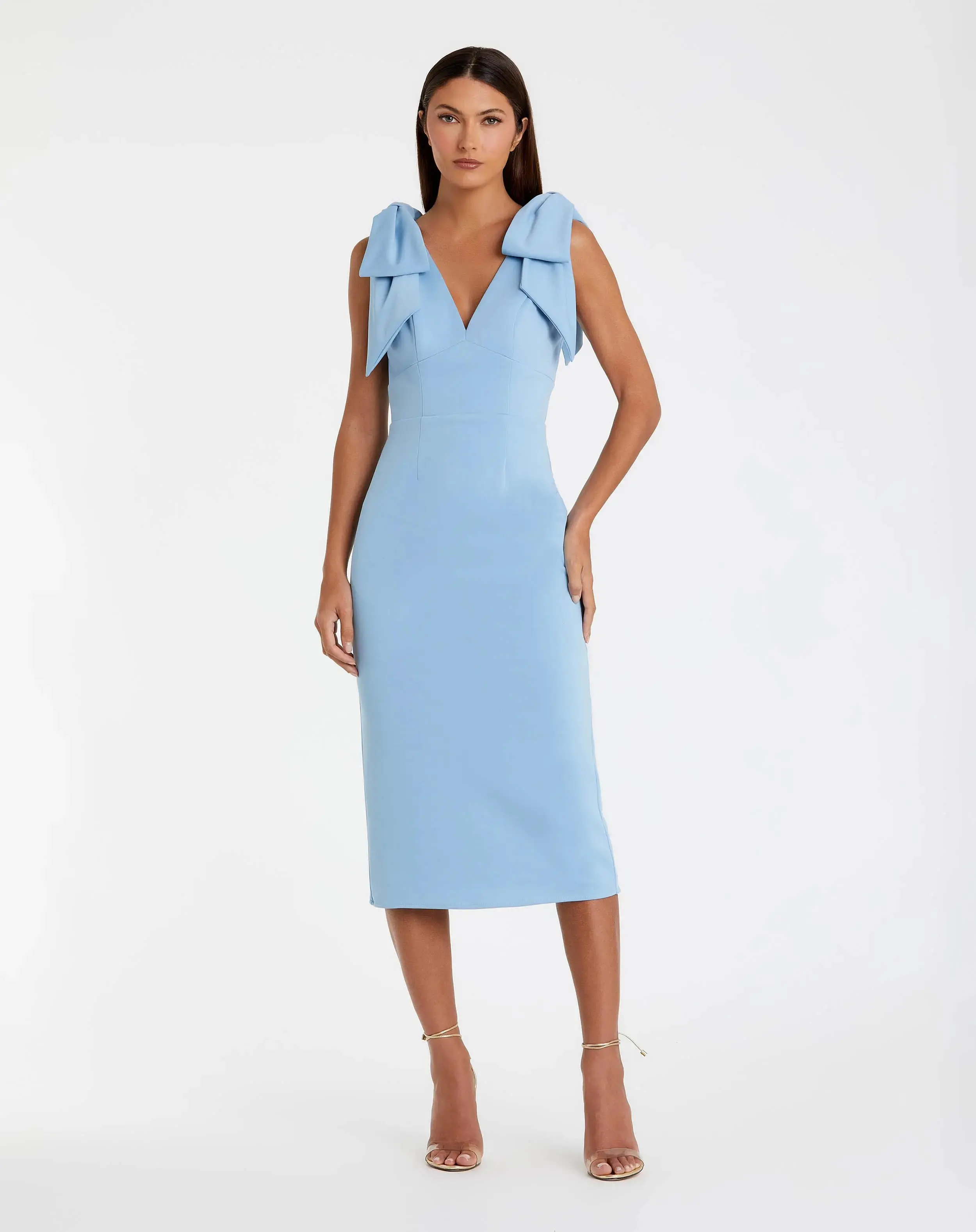 Blue Bow Strap Crepe Fitted Midi Dress - Special Events Unlimited