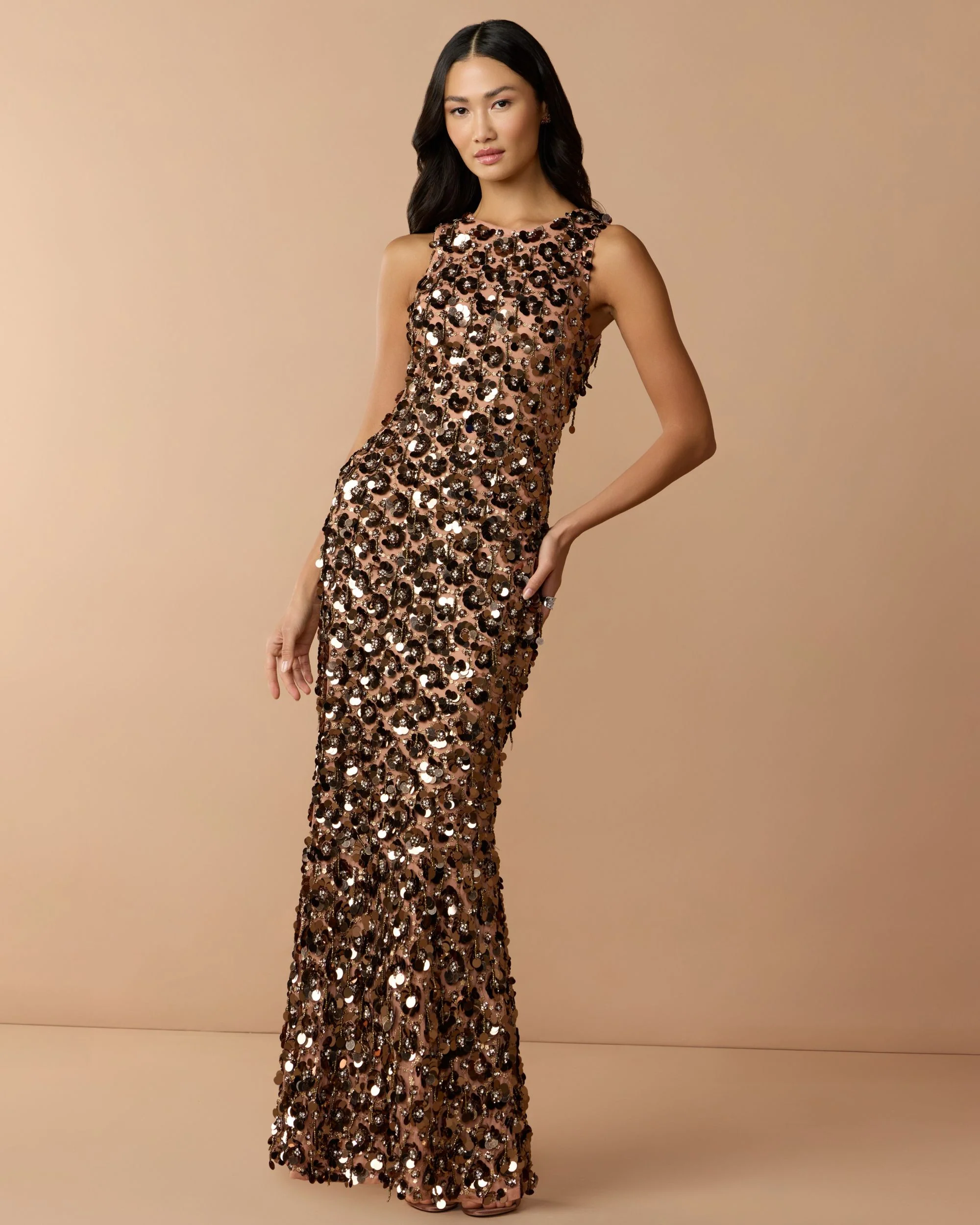 Brown Sequin Embellished Sleeveless Gown With Beaded Fringe - Special Events Unlimited