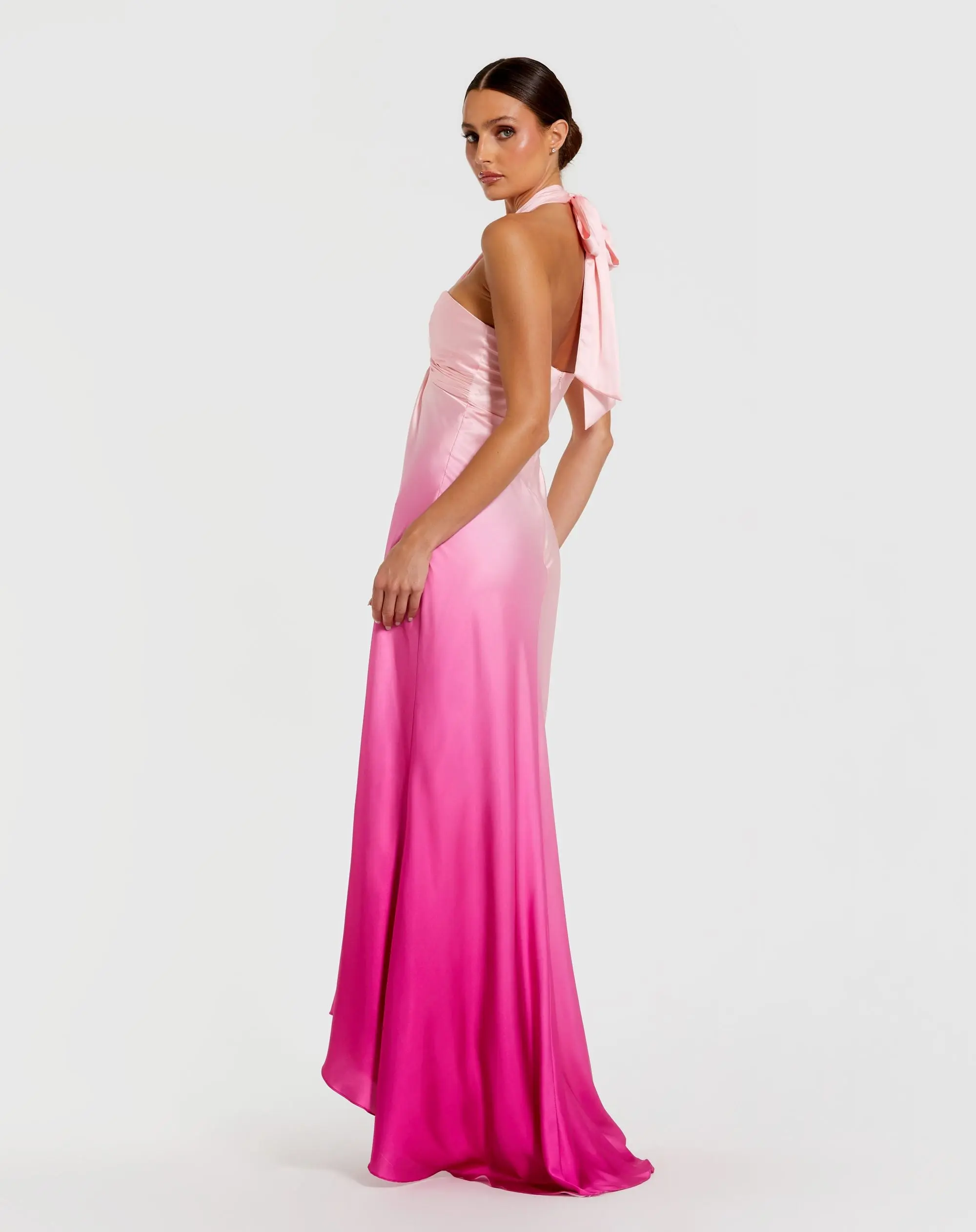Pink Charmeuse Tie Halter Neck Ombre Gown - Special Events Unlimited