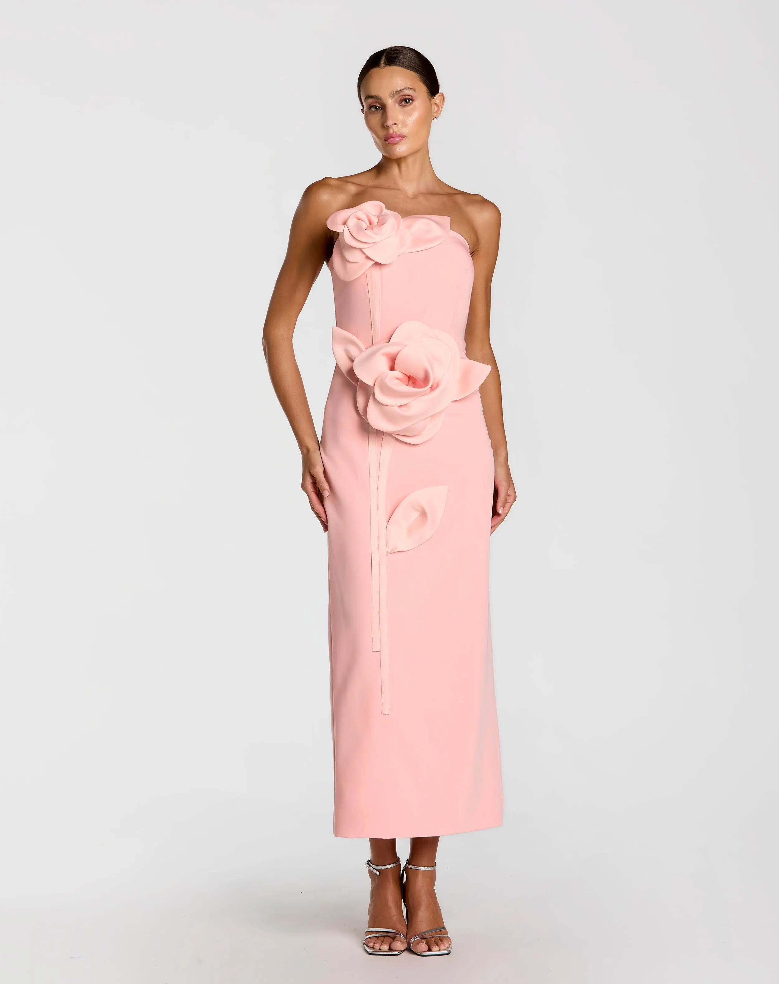 Pink Strapless Crepe Dress With 3D Satin Flowers - Special Events Unlimited