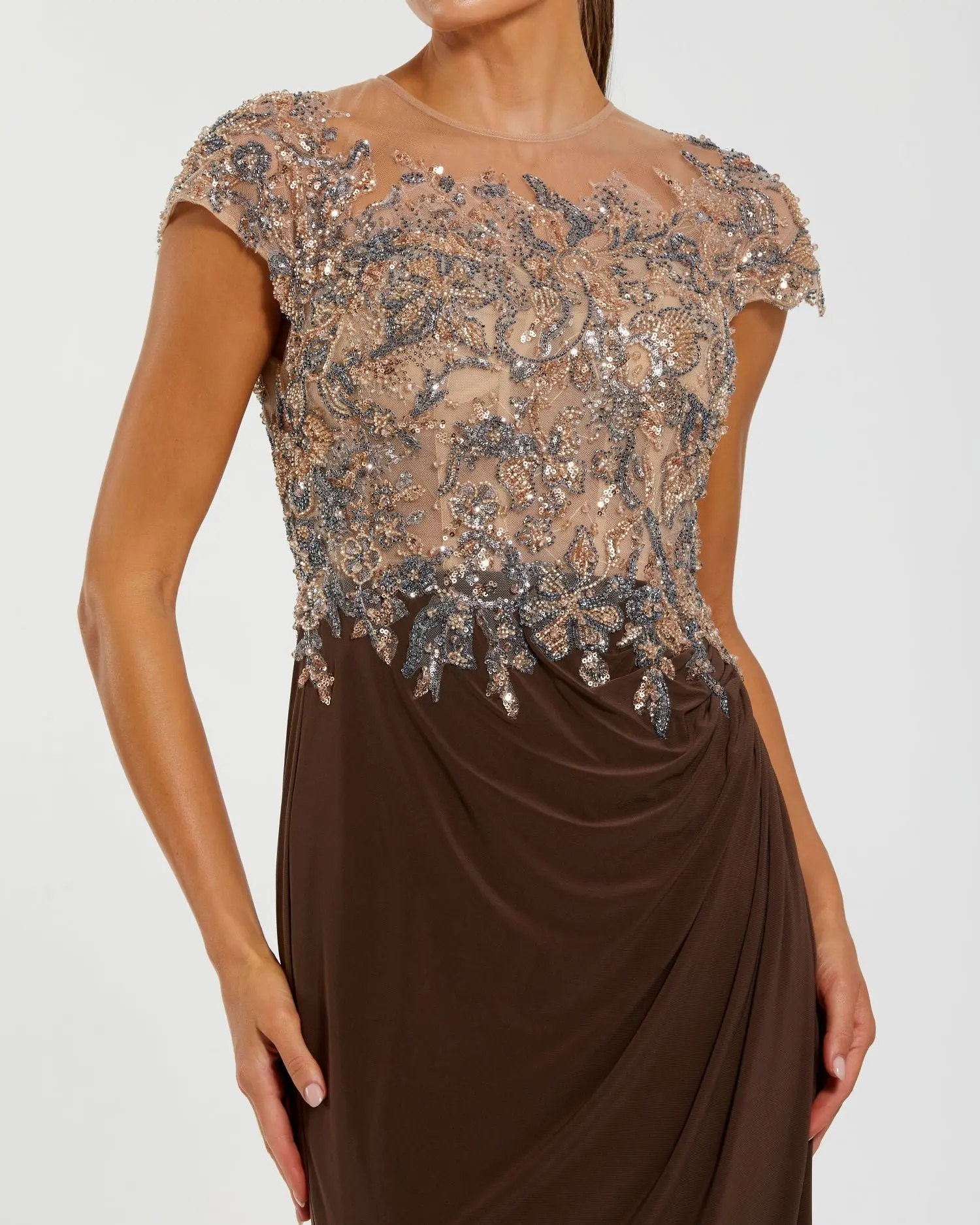 Brown Crystal Applique Embellished Jersey Gown - Special Events Unlimited