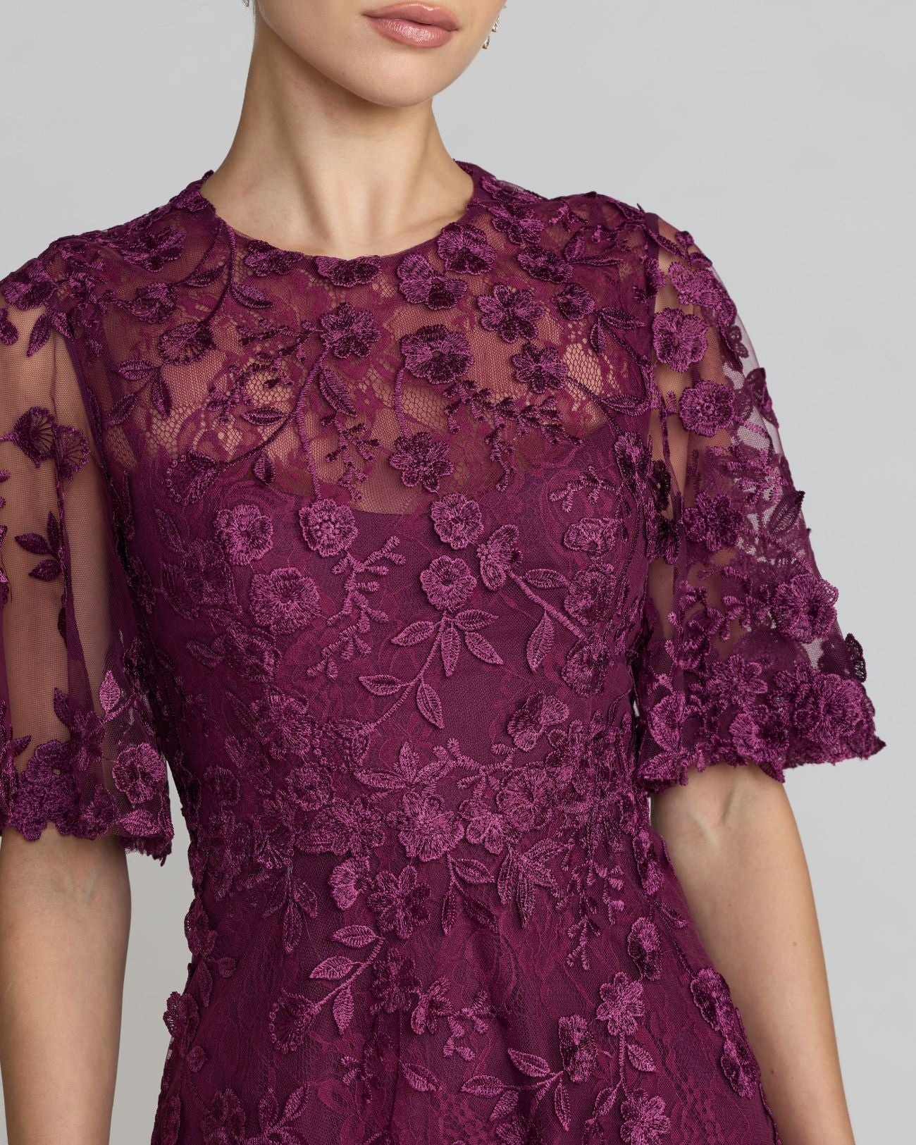 Purple Flutter Sleeve Embroidered Midi Dress - Special Events Unlimited