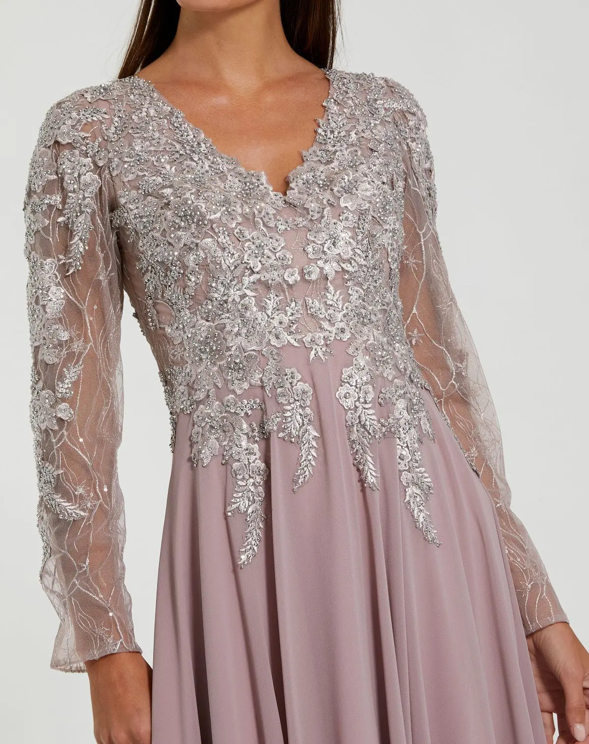 Purple Embellished Illusion V Neck Long Sleeve Gown - Special Events Unlimited