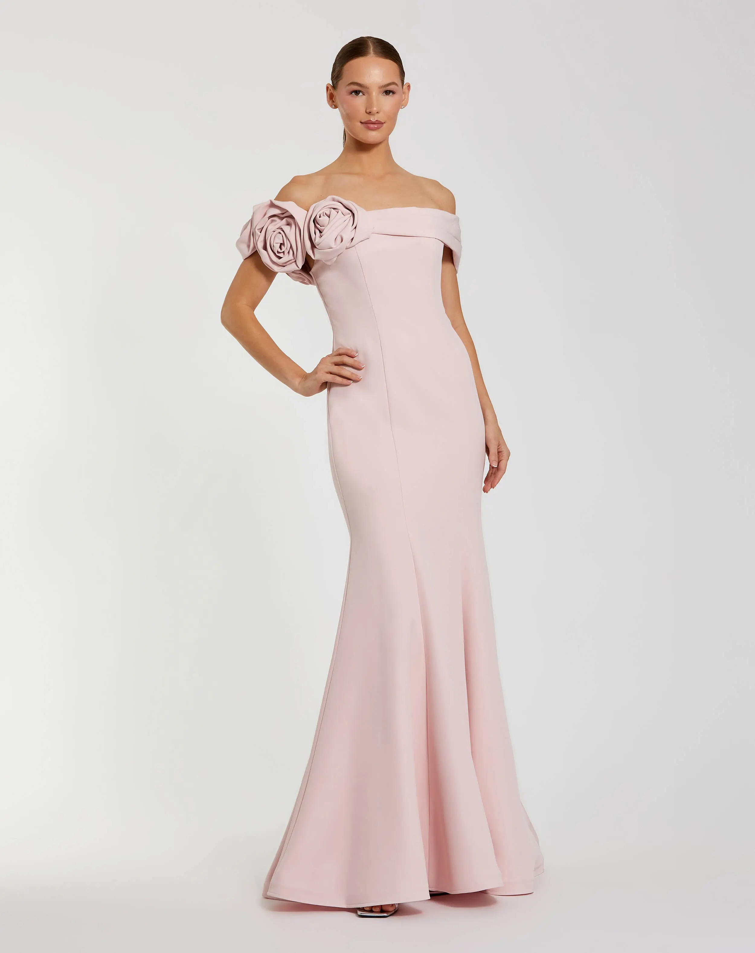 Light Pink Off The Shoulder Crepe Mermaid Gown - Special Events Unlimited