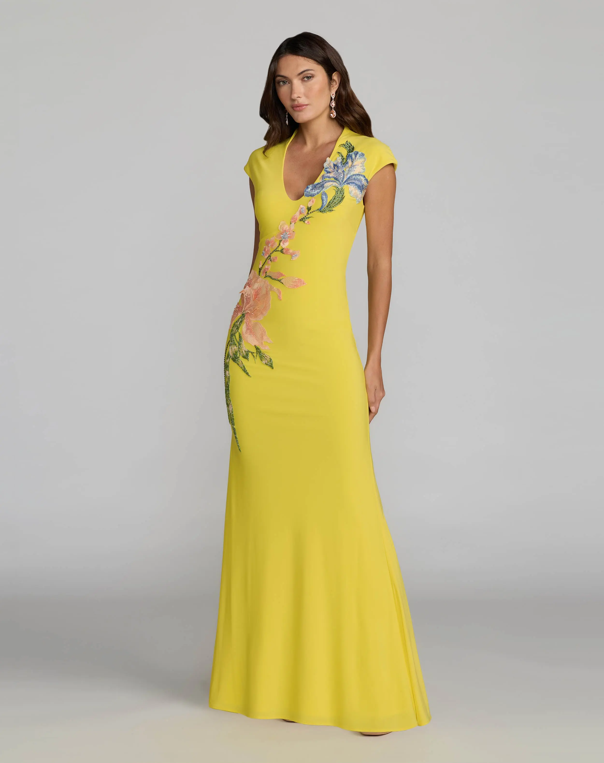 Yellow Floral Appliqué V-Neck Jersey Gown - Special Events Unlimited