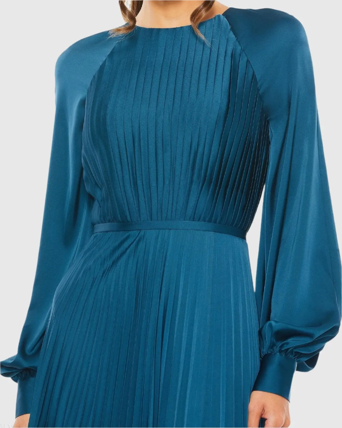 Blue Pleated High Neck Long Sleeve Gown with Slit - Special Events Unlimited