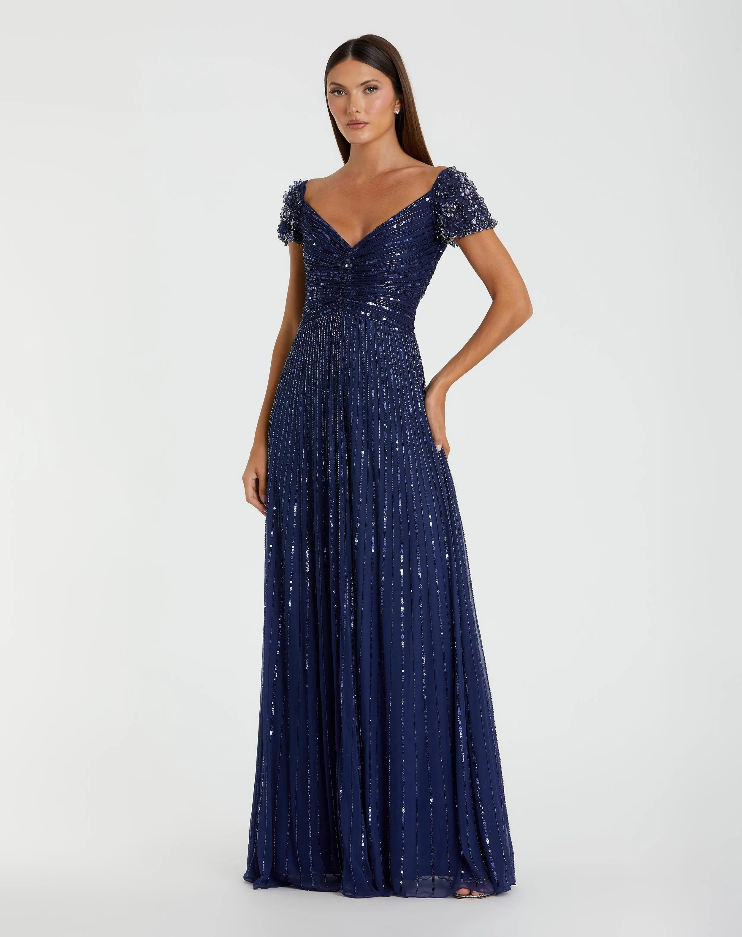 Navy Sequined Evening Gown With Embellished Shoulders - Special Events Unlimited