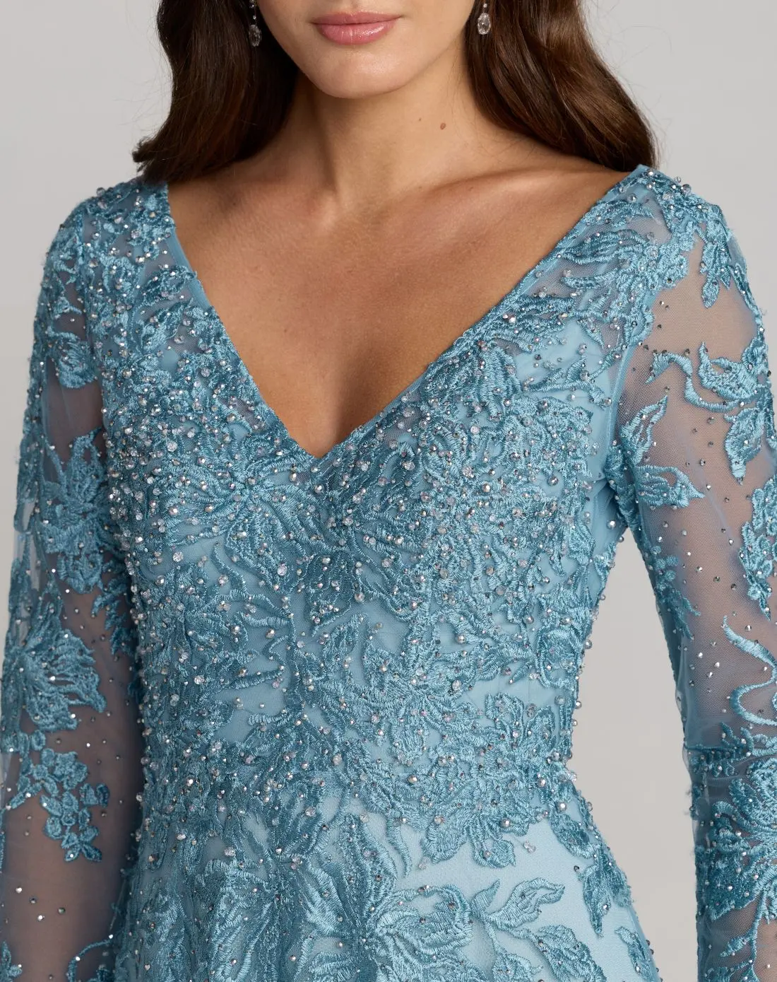 Blue Embroidered Long Sleeve A-Line Gown - Special Events Unlimited