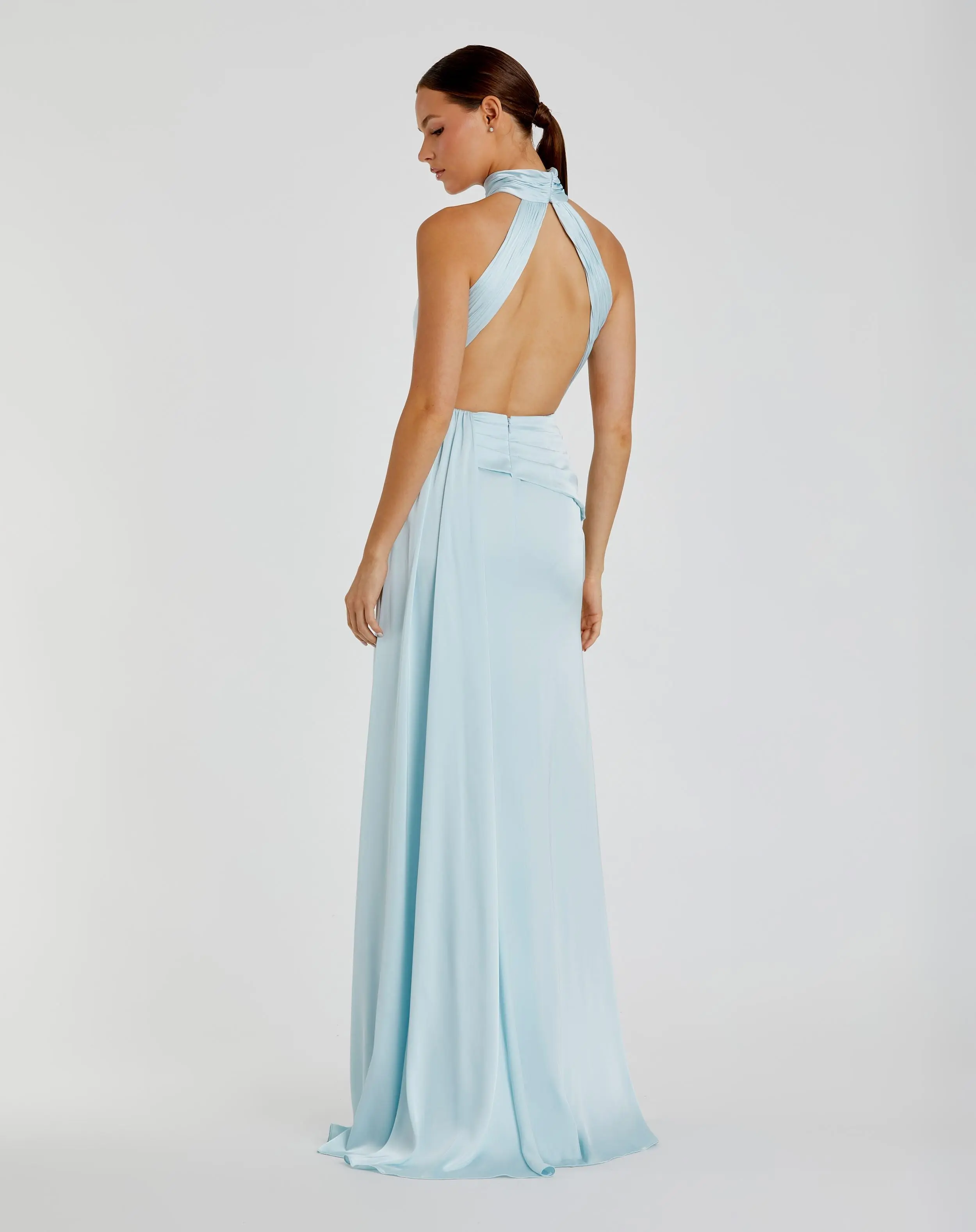 Light Blue Sleeveless Open Back Satin Gown - Special Events Unlimited