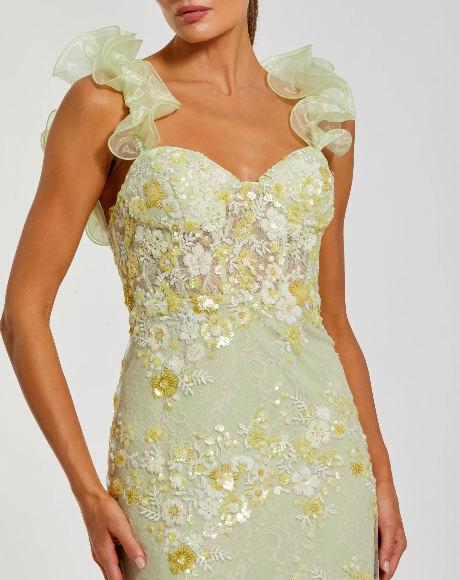 Green Embroidered Lace Floral Gown with Ruffle Straps - Special Events Unlimited