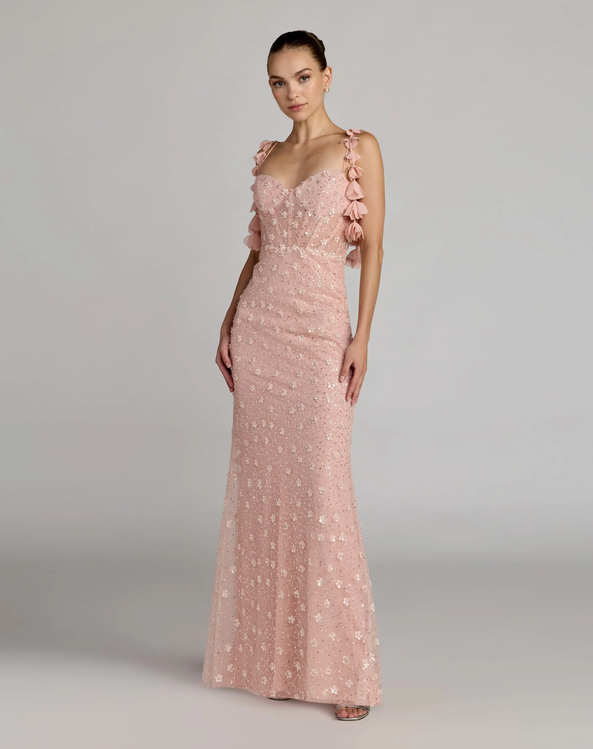 Pink Sweetheart Neck Embellished Gown With Floral Detail - Special Events Unlimited