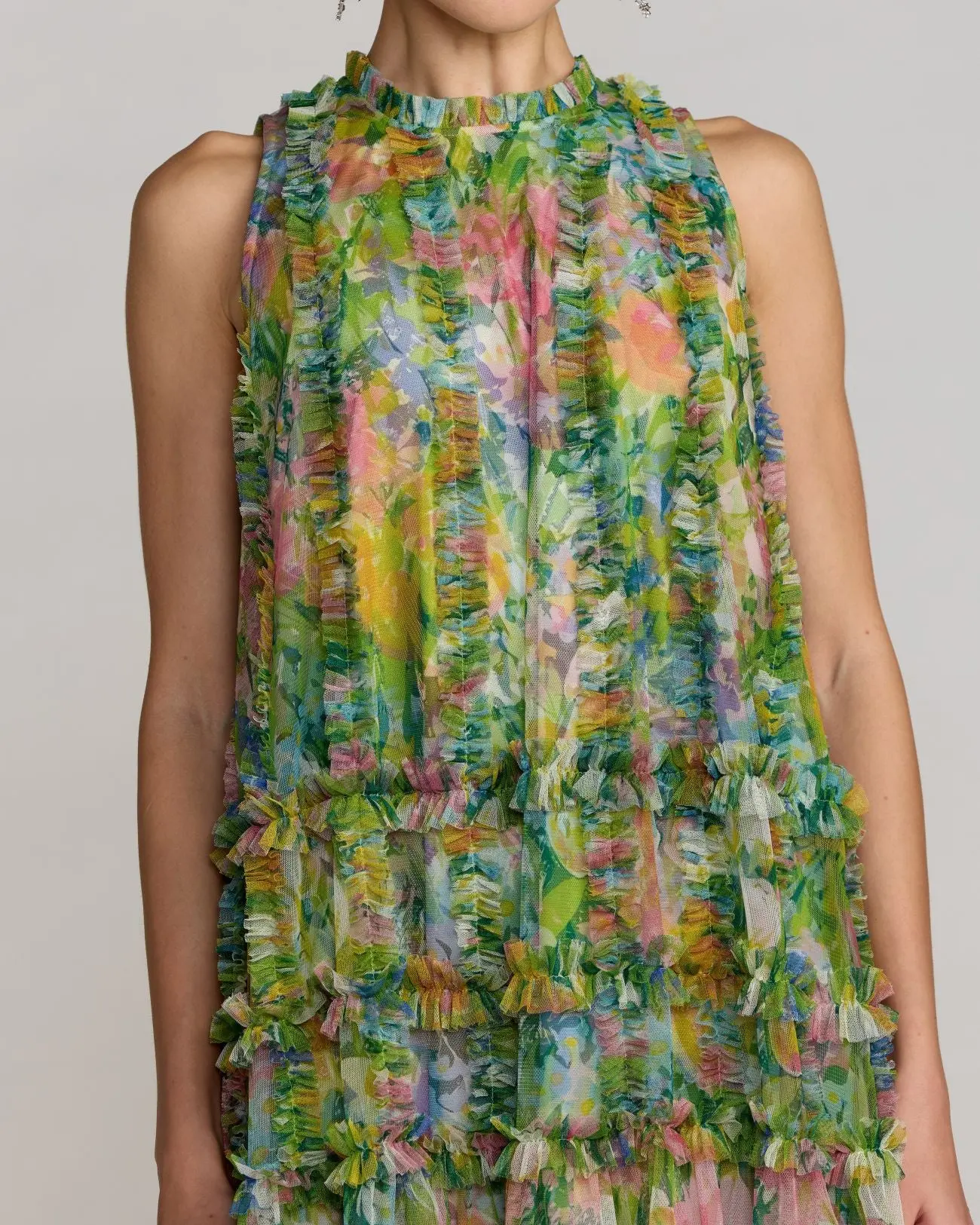 Green Printed Sleeveless High Neck Ruffle Mini Dress - Special Events Unlimited
