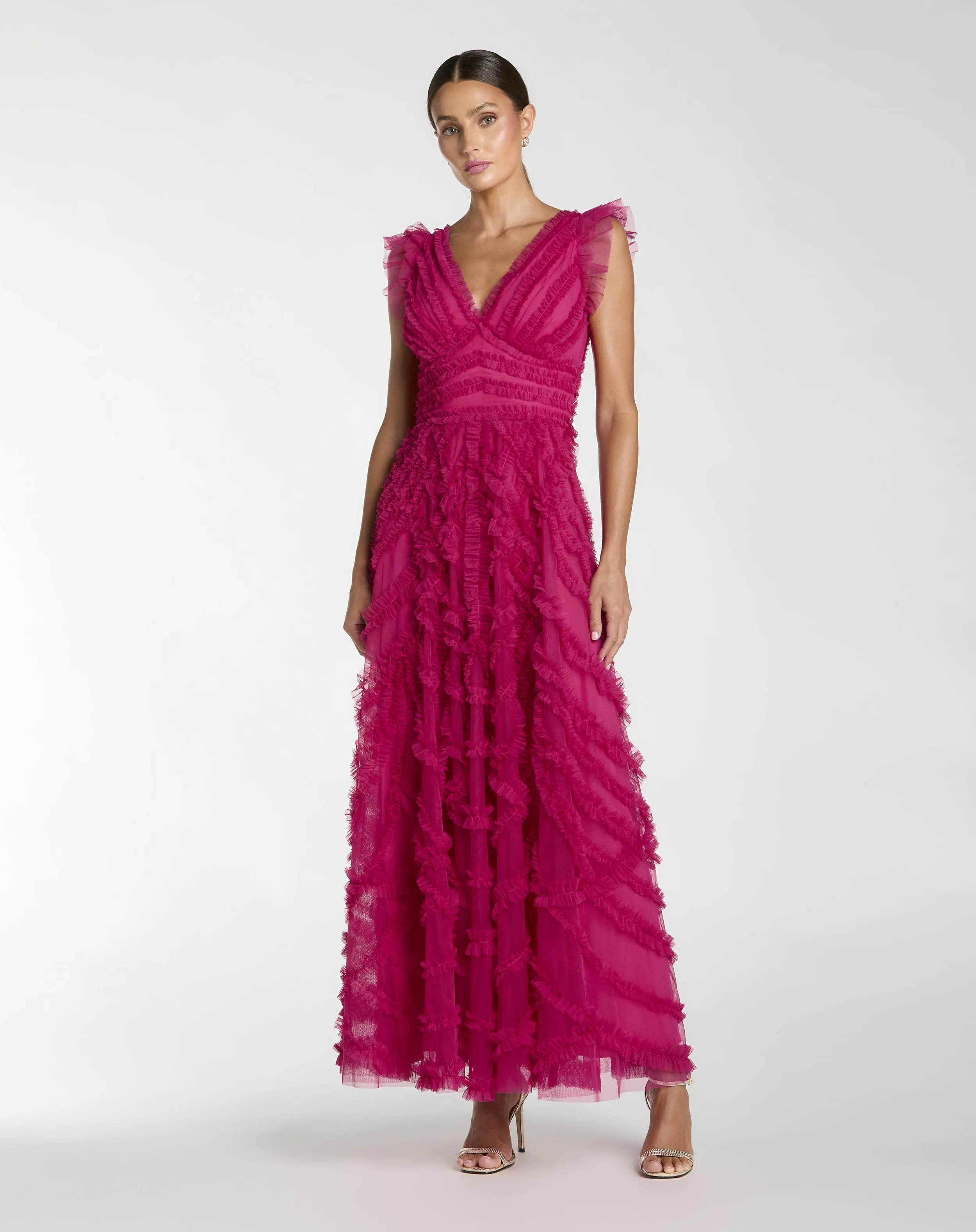 Pink V-Neck Cap Sleeve Ruffle Maxi Dress - Special Events Unlimited