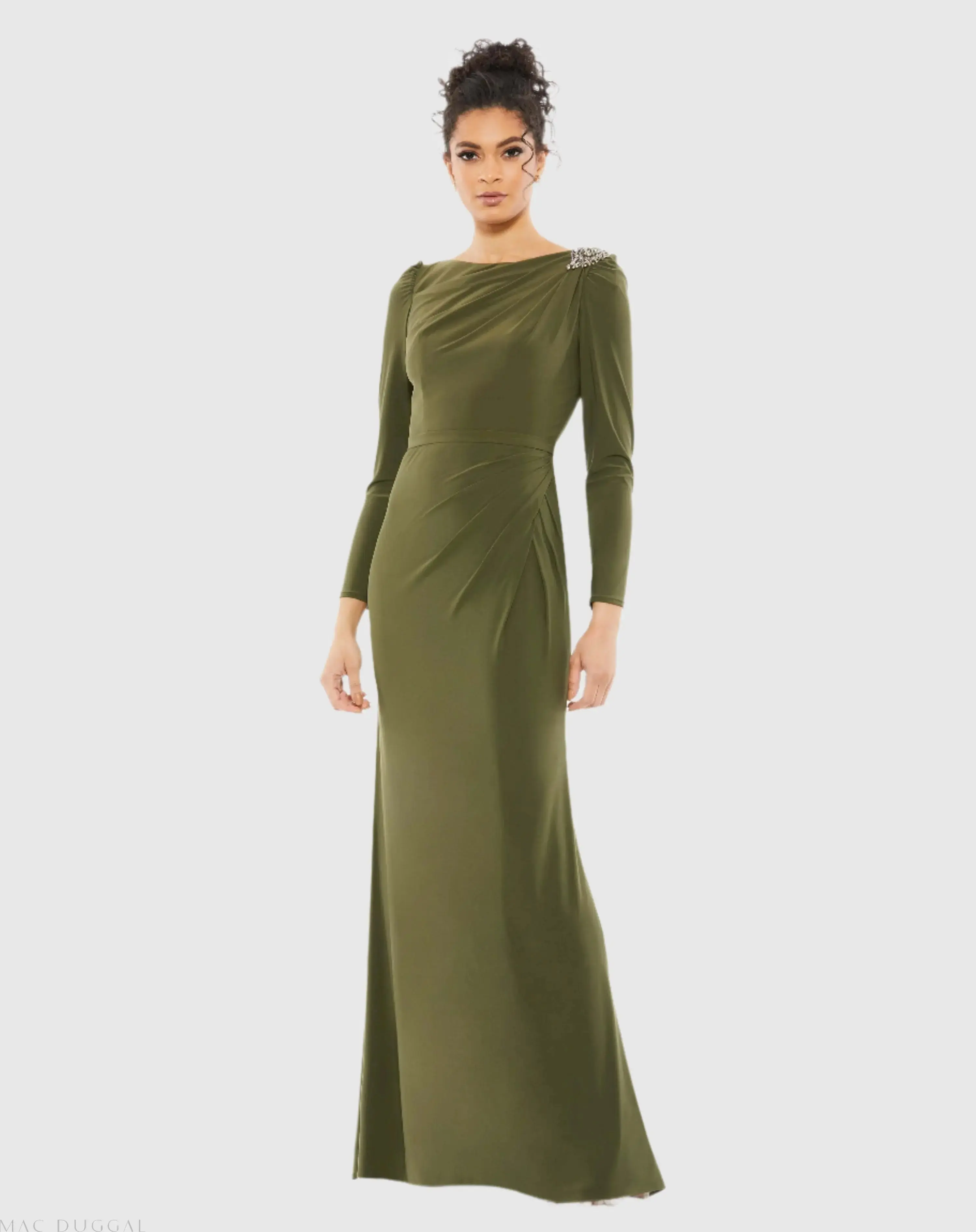 Green Draped Bateau Long Sleeve Trumpet Gown - Special Events Unlimited