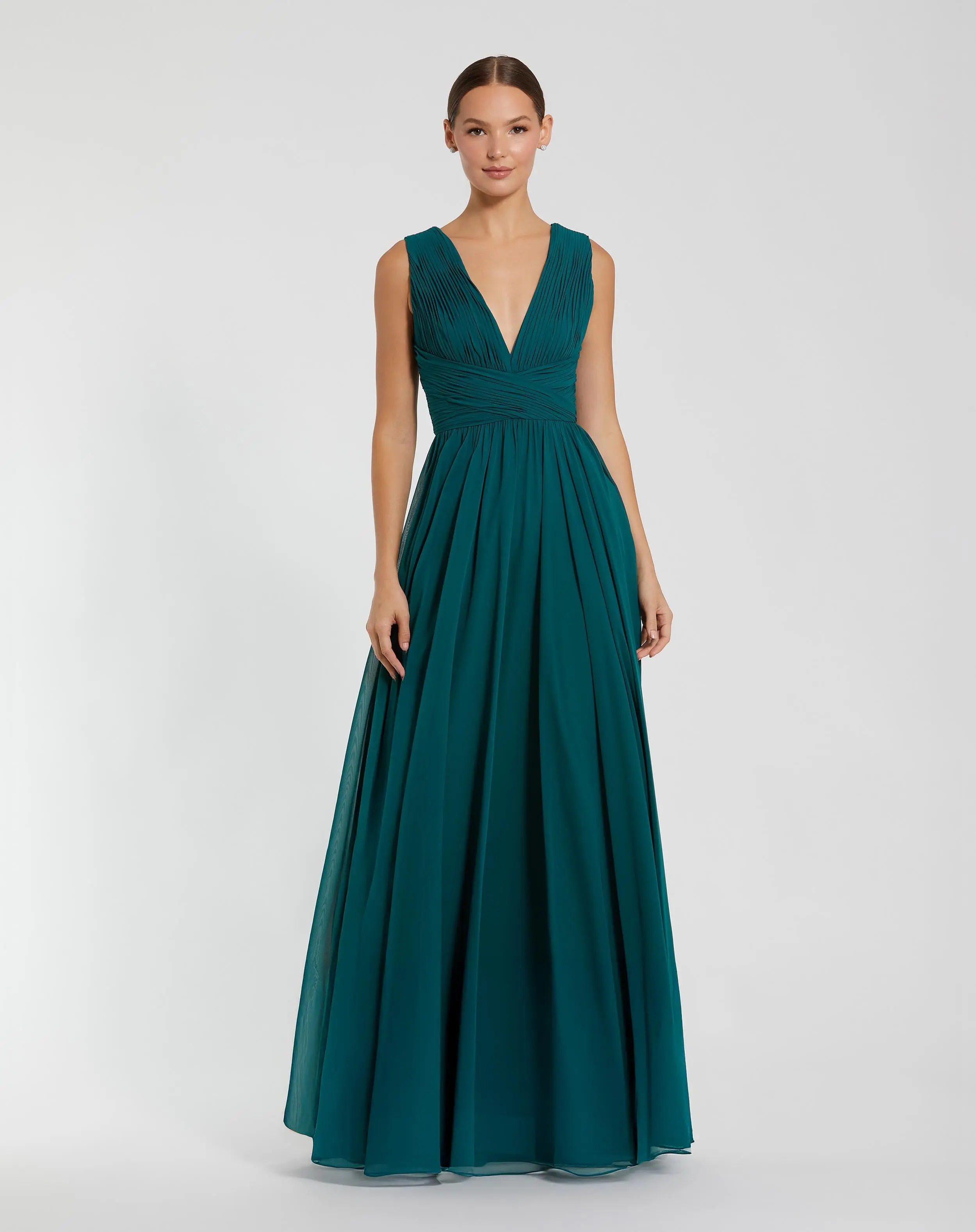 Teal Sleeveless Ruched V Neck Chiffon Gown - Special Events Unlimited