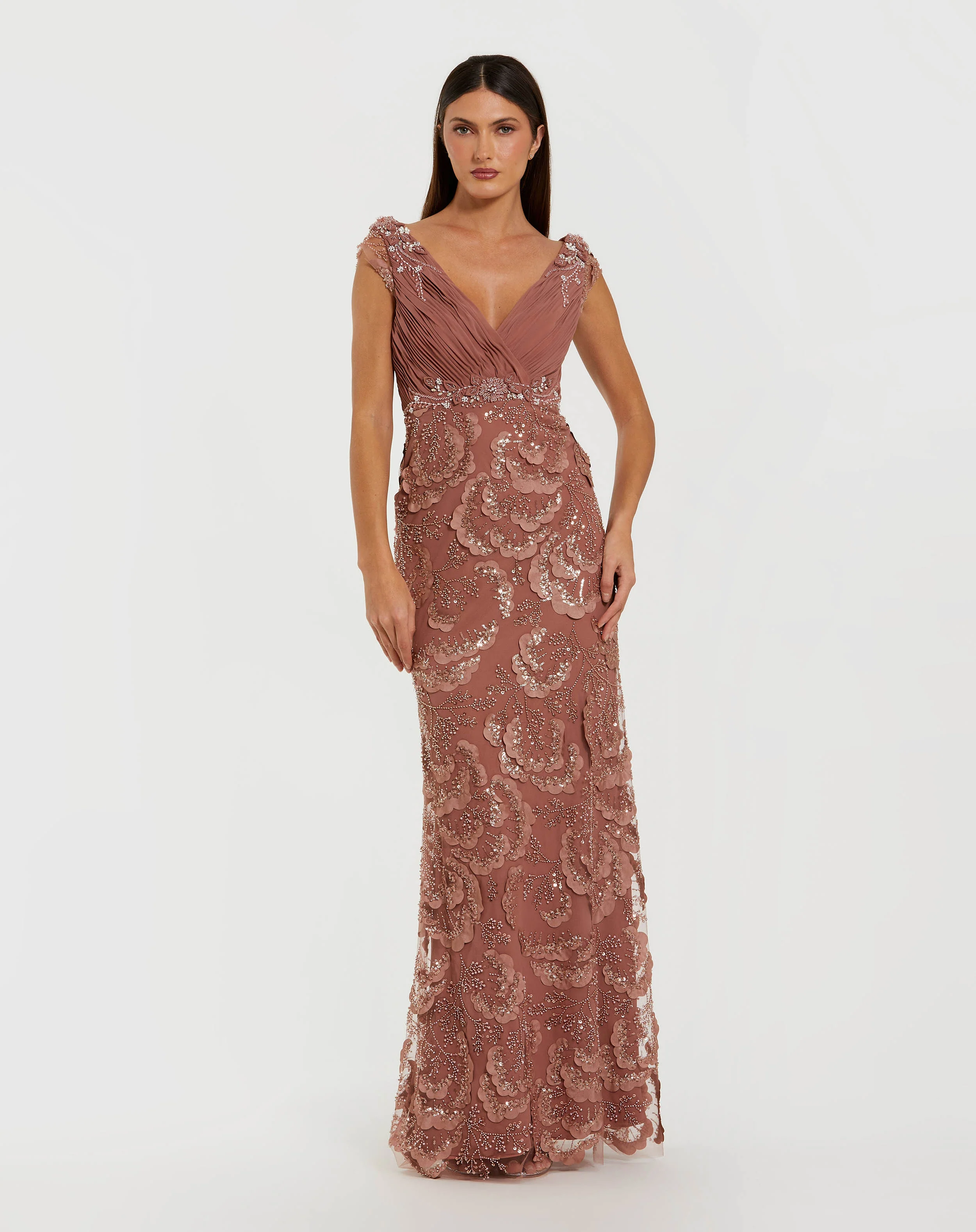 Petite Pink Floral Beaded Chiffon V-Neck Evening Gown - Special Events Unlimited