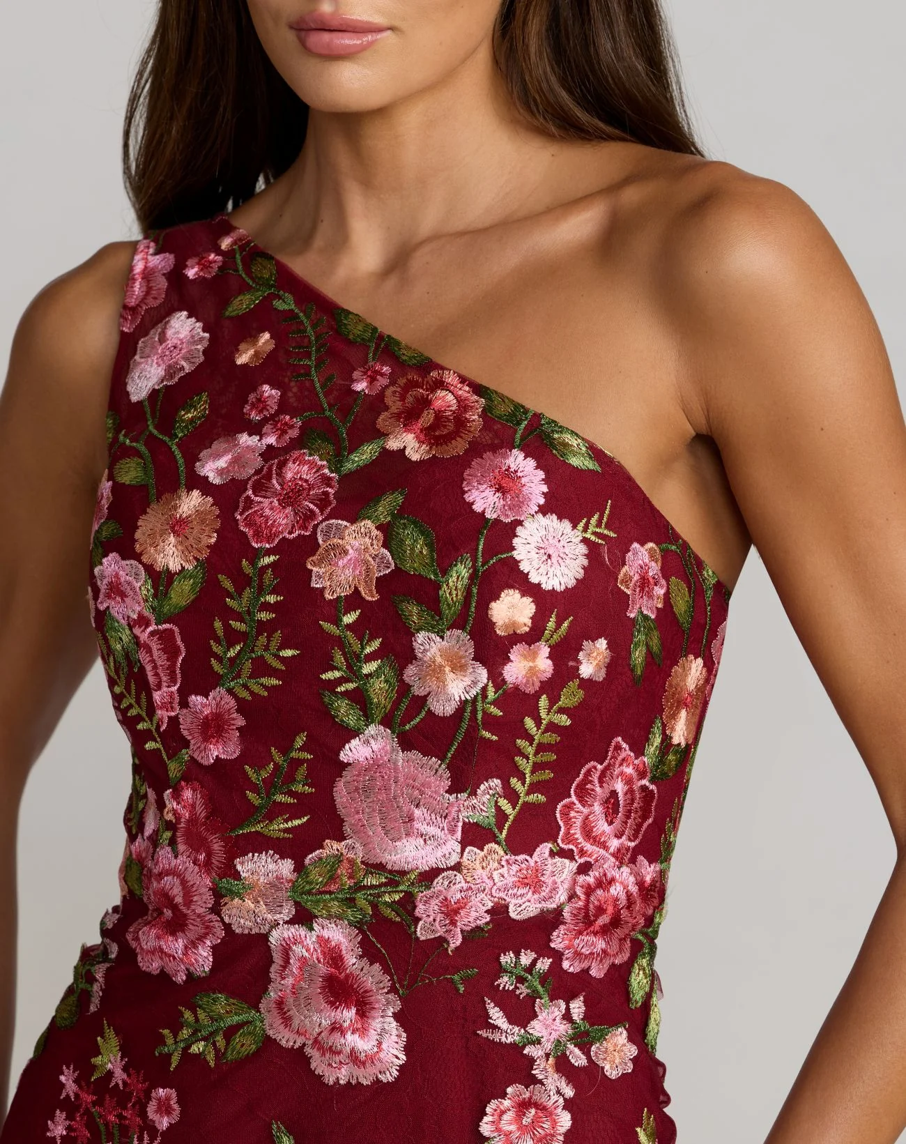 Red One Shoulder Floral Embroidered Gown - Special Events Unlimited