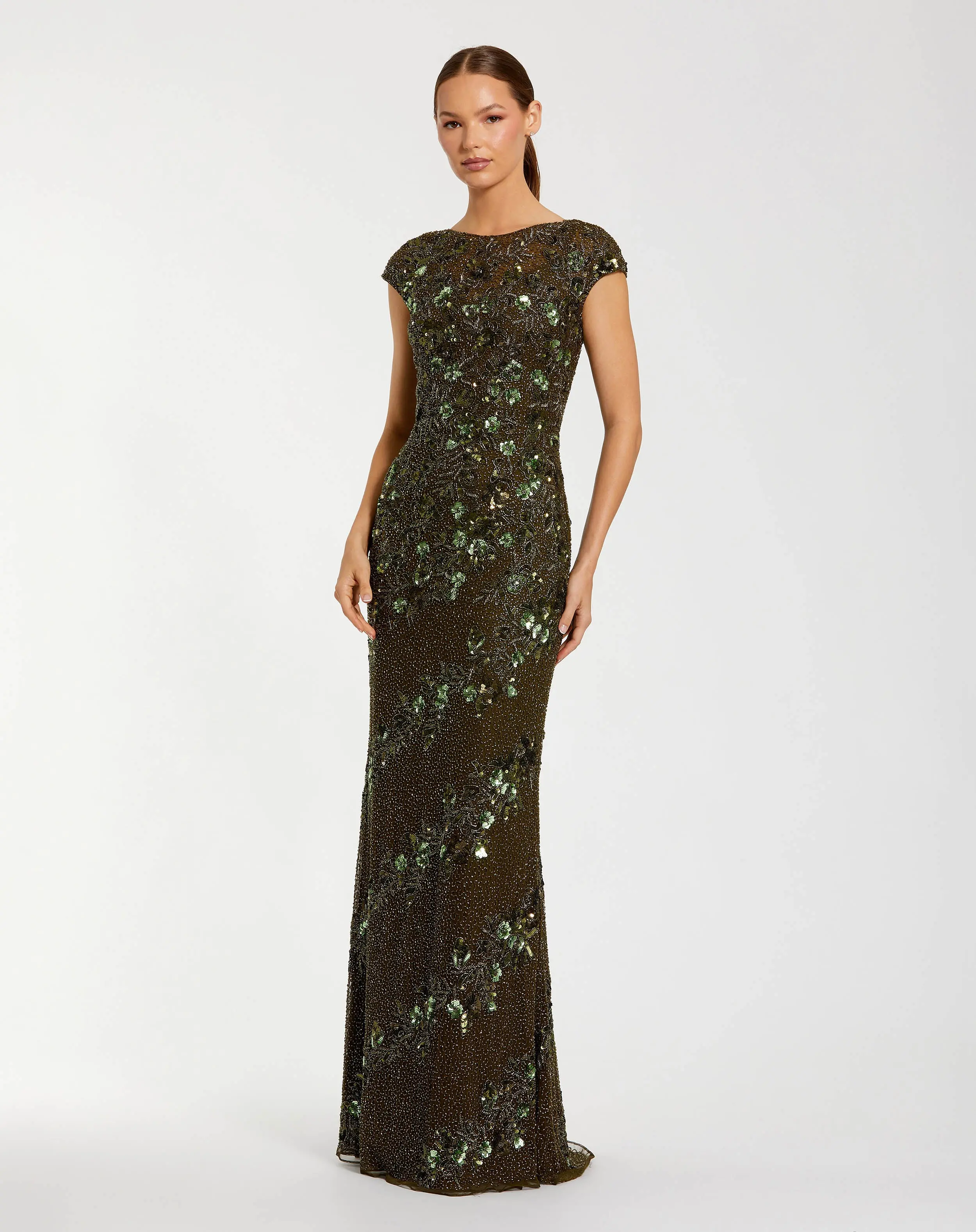 Green Floral Embellished Cap Sleeve Column Gown - Special Events Unlimited