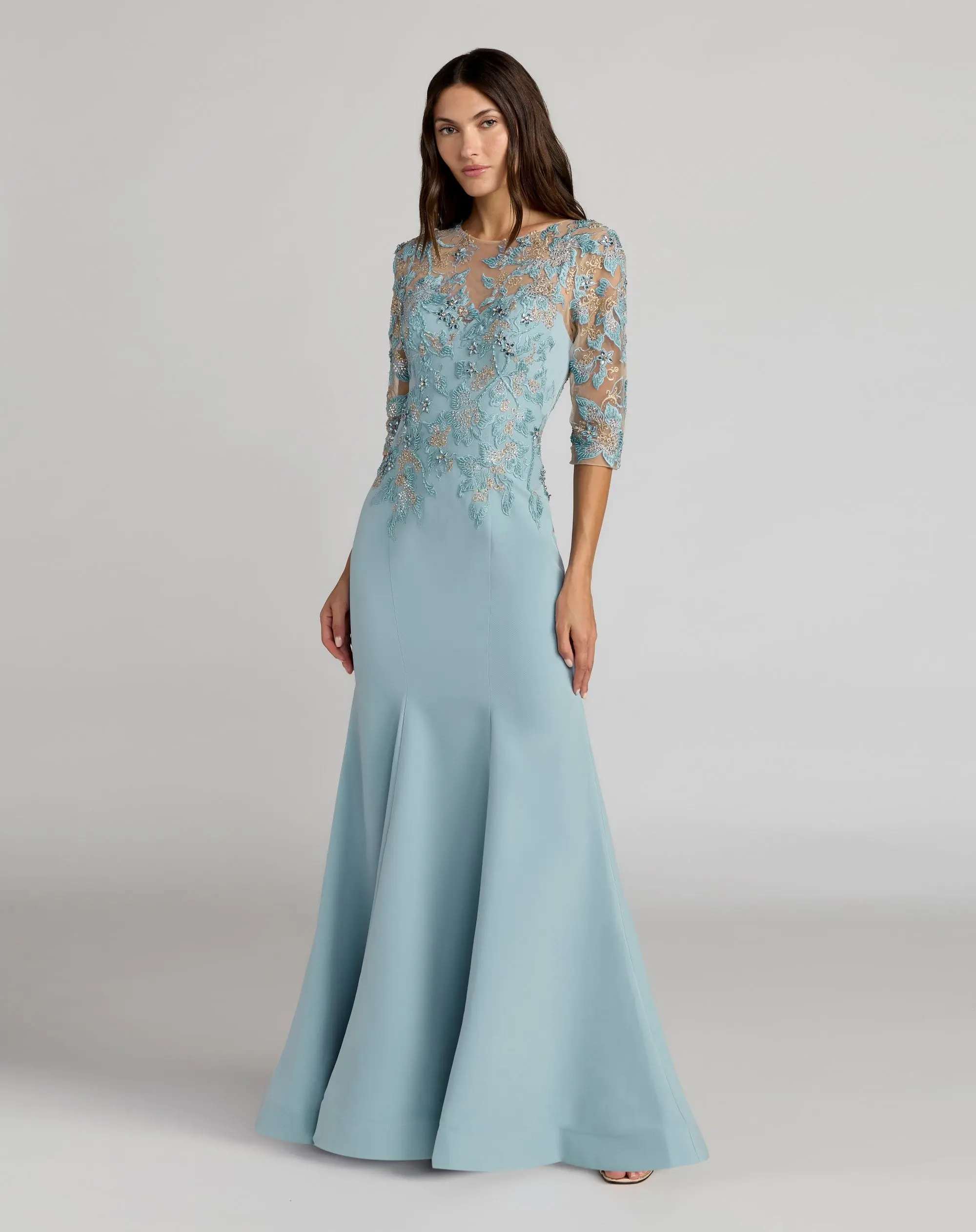 Blue Embroidered Crepe Mermaid Gown With 3/4 Sleeves - Special Events Unlimited