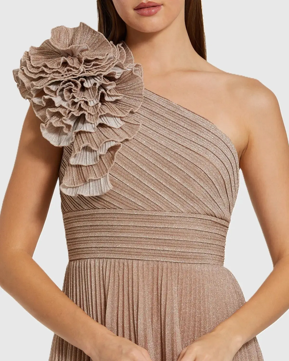 Petite Pink Pleated Metallic One Shoulder Gown With Ruffle - Special Events Unlimited