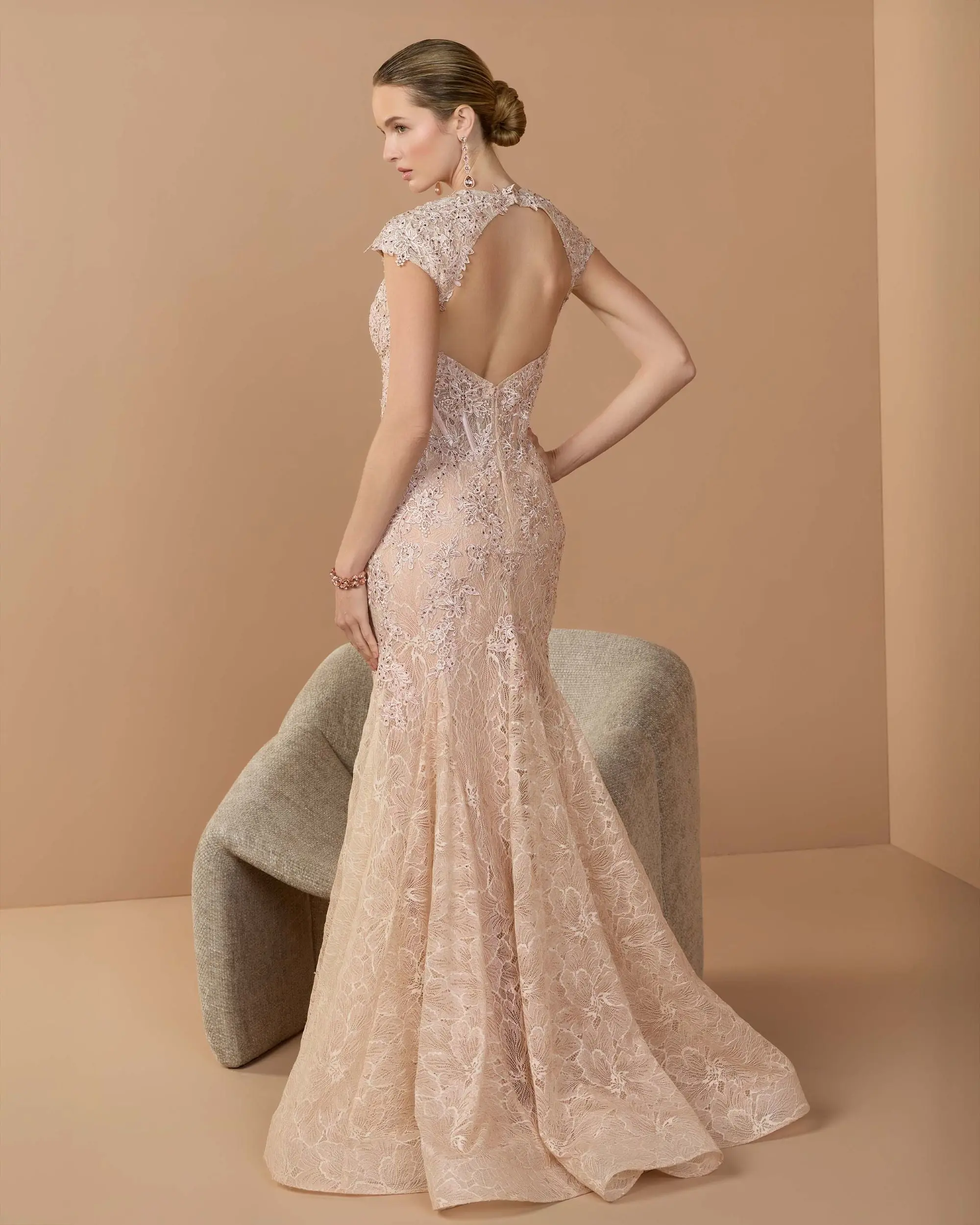 Pink Embroidered Lace Mermaid Gown With Cap Sleeves - Special Events Unlimited