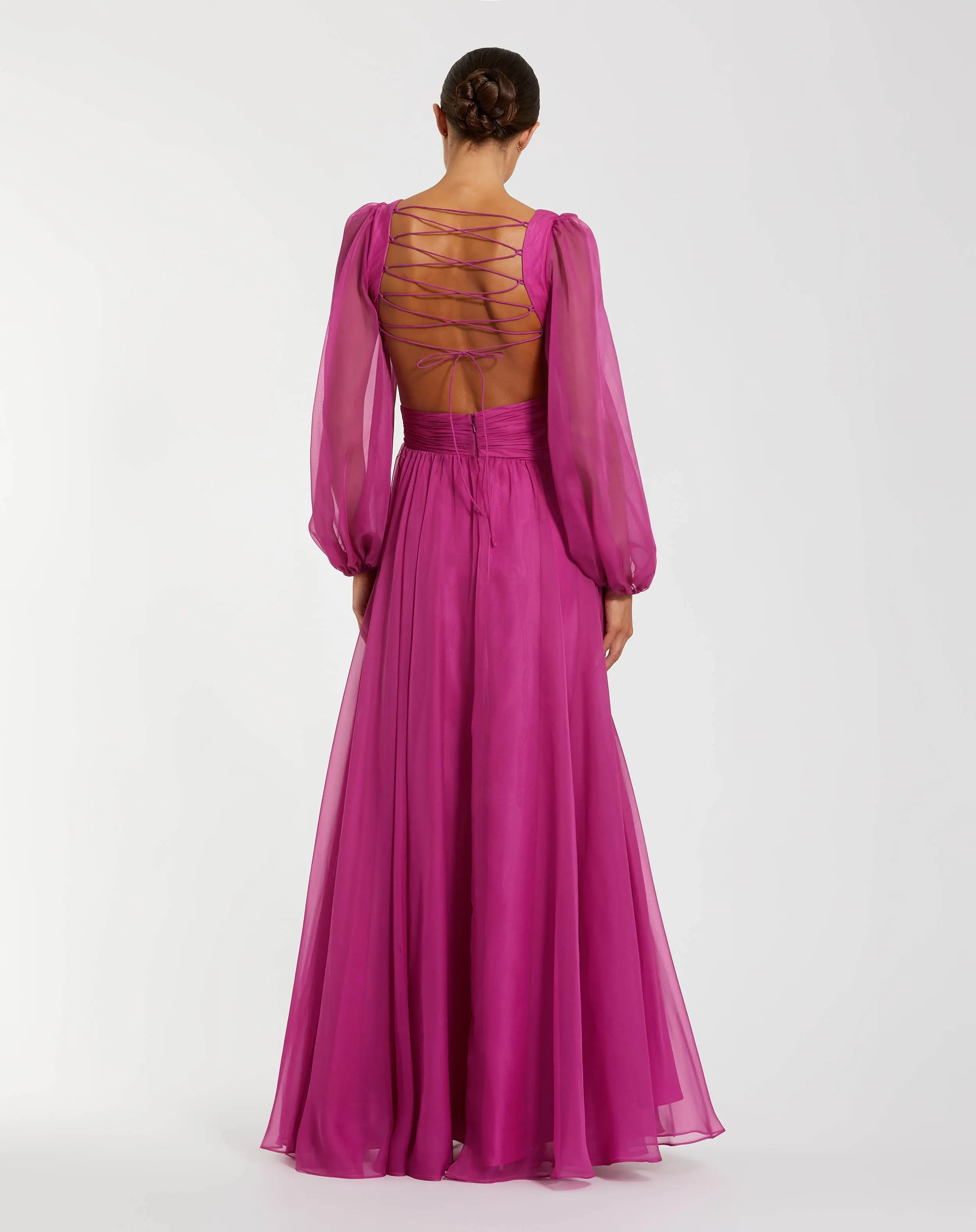 Pink Long Sleeve V-Neck Chiffon Gown With 3D Flower - Special Events Unlimited