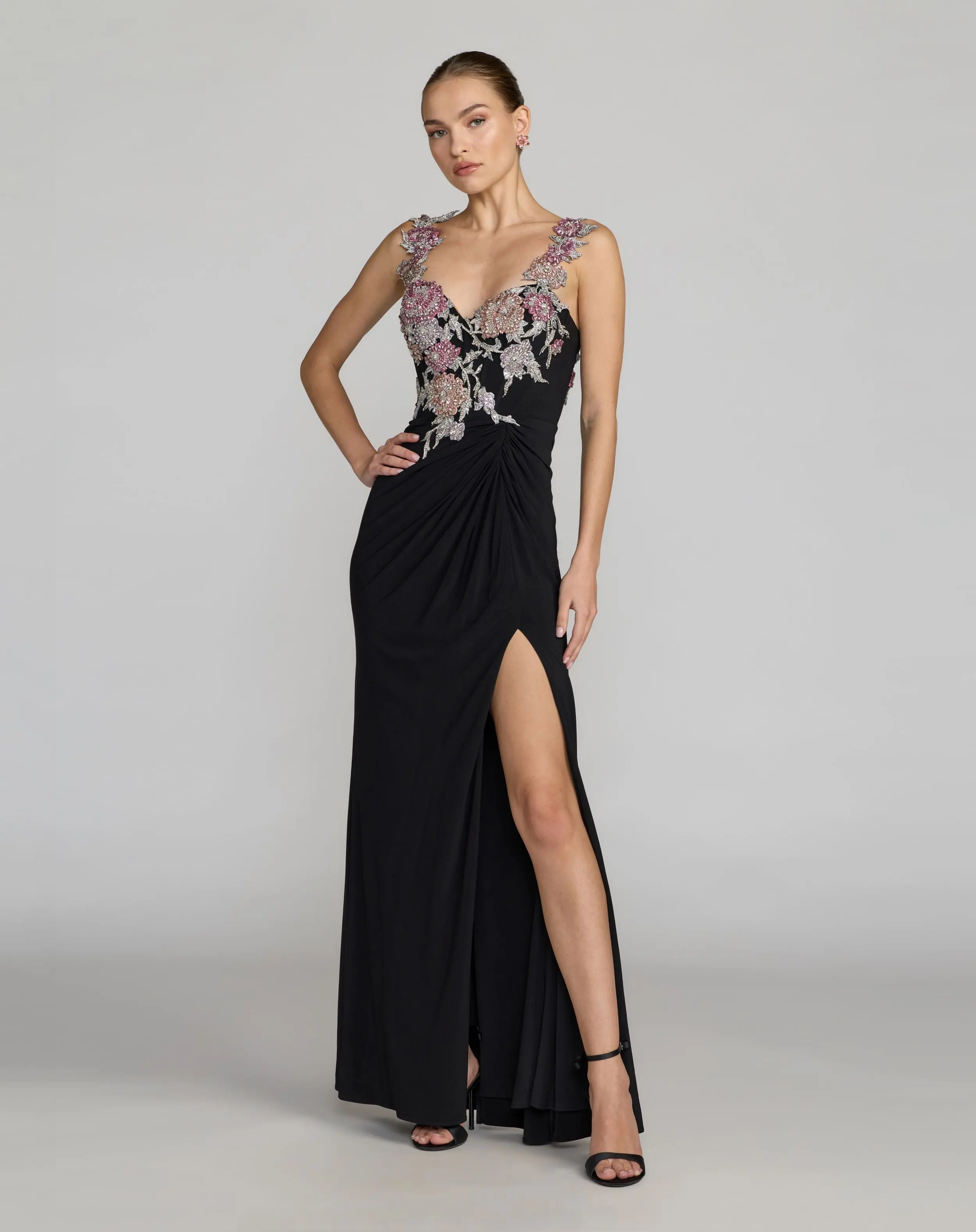 Black Sweetheart Jersey Gown With Beaded Flowers - Special Events Unlimited