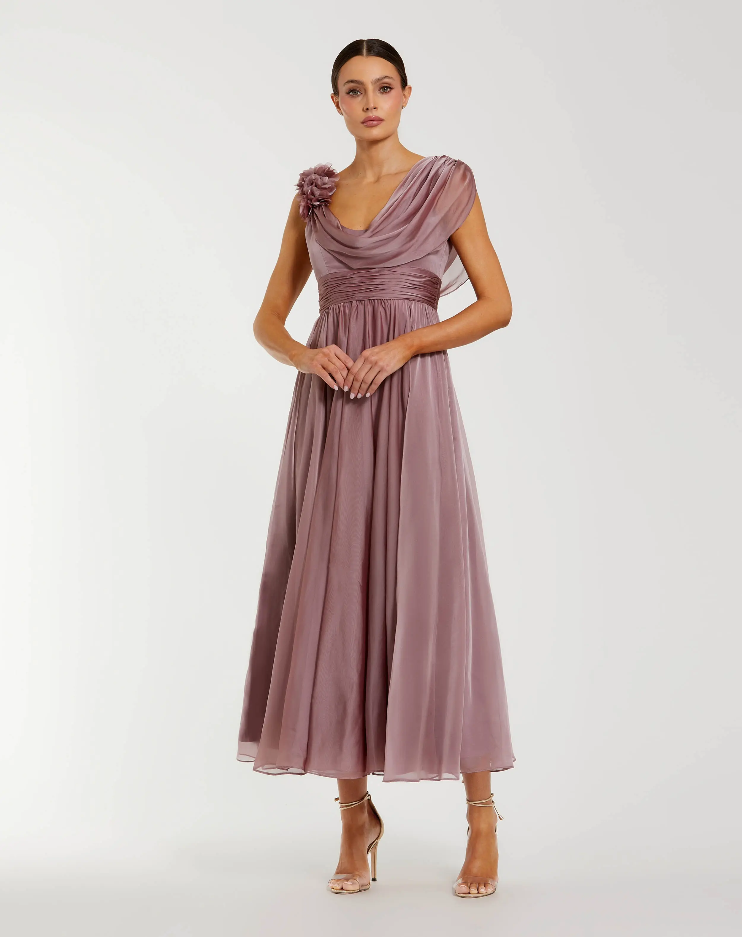 Pink Chiffon Cowl Neck Dress With 3D Flowers - Special Events Unlimited